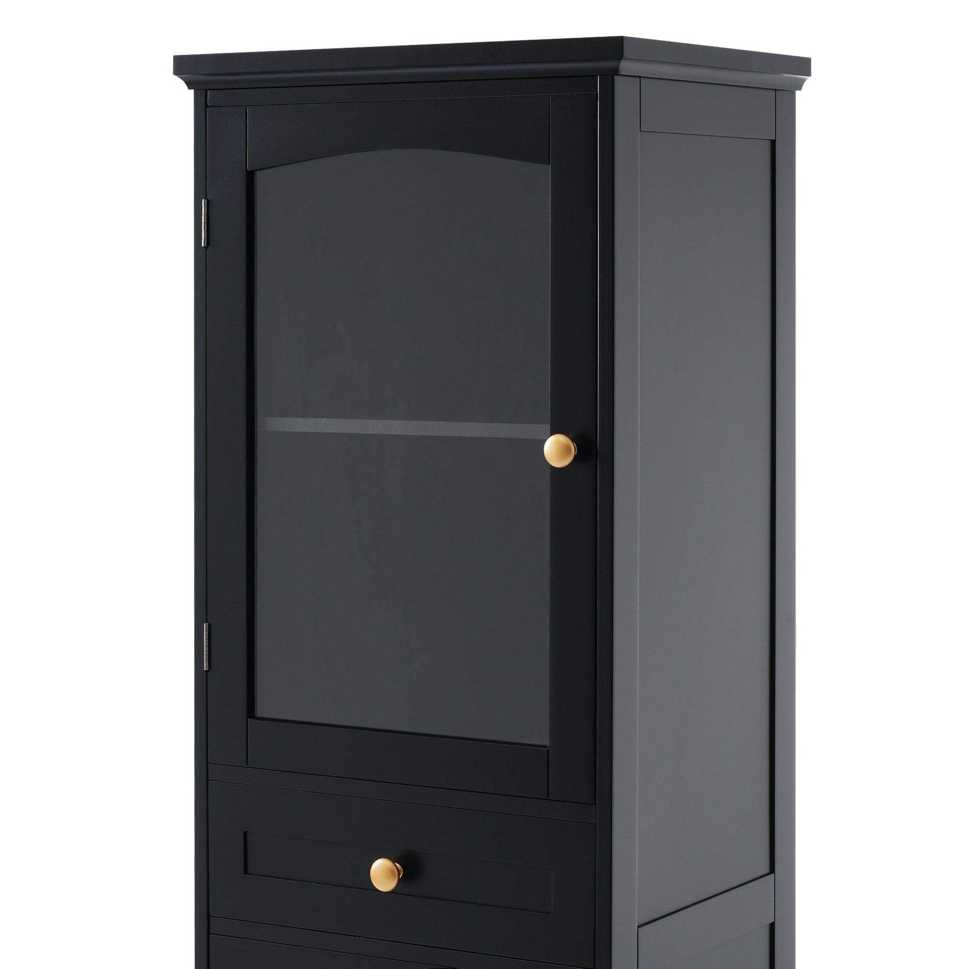 Tall Bathroom Storage Cabinet with Glass Doors, Free-Standing, Two Drawers, and Adjustable Shelves, MDF Board, Painted Black - Korvel