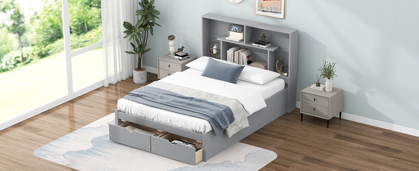 Full Size Platform Bed with Storage Headboard and 2 Drawers, Gray - Korvel