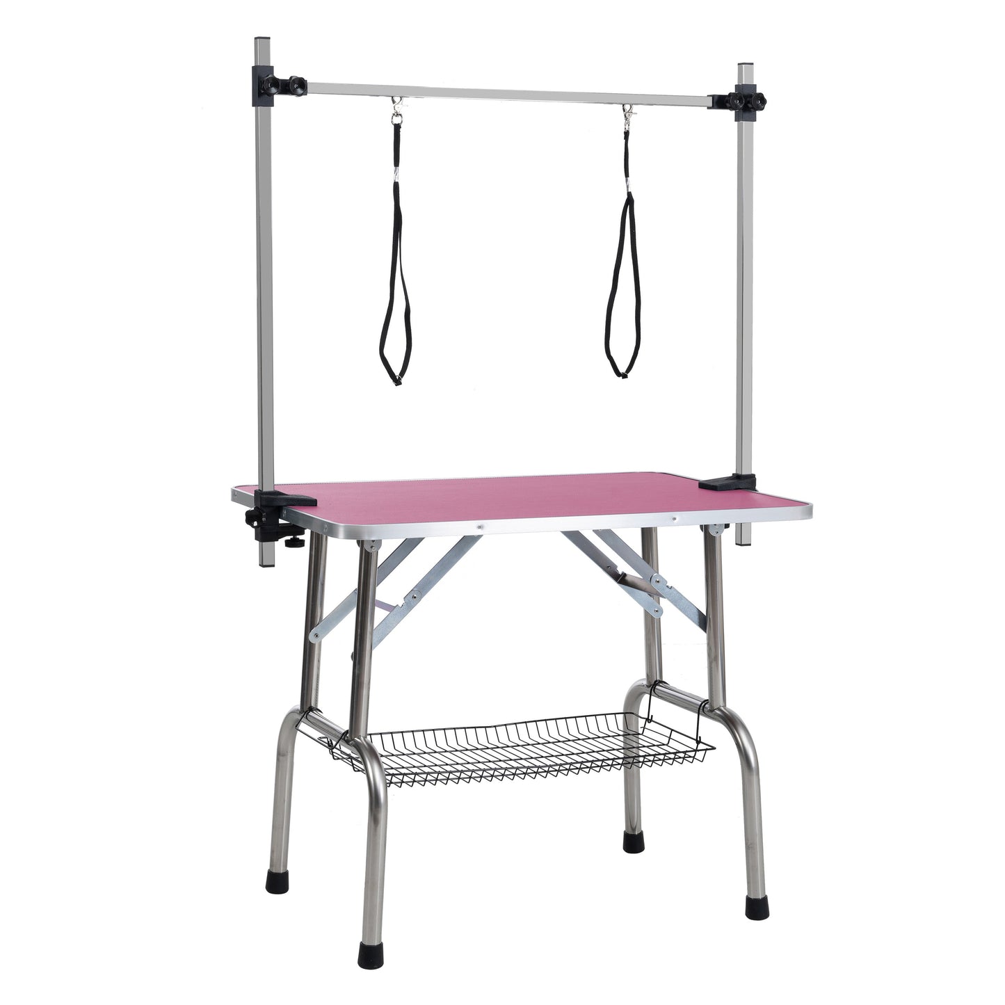 36 inch folding pet grooming table with stainless steel frame and rubber pad, equipped with adjustable armrests and clips (pink) - Korvel