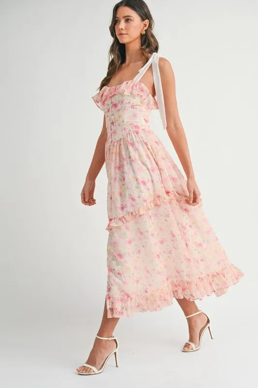 Robe Midi Imprimée Florale Élégante avec Bretelles