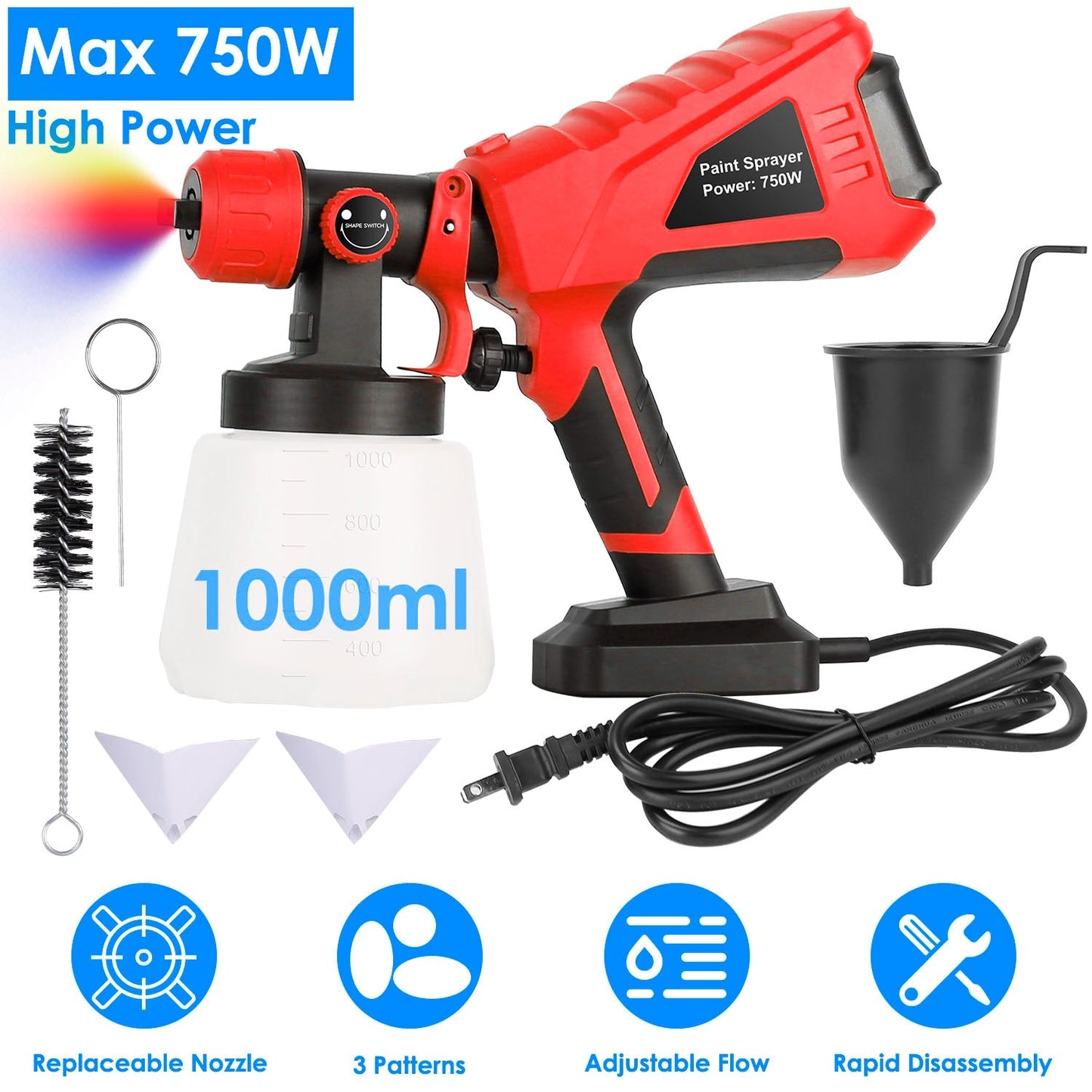 Pulverizador de pintura eléctrico HVLP de 750W con 3 patrones de pulverización