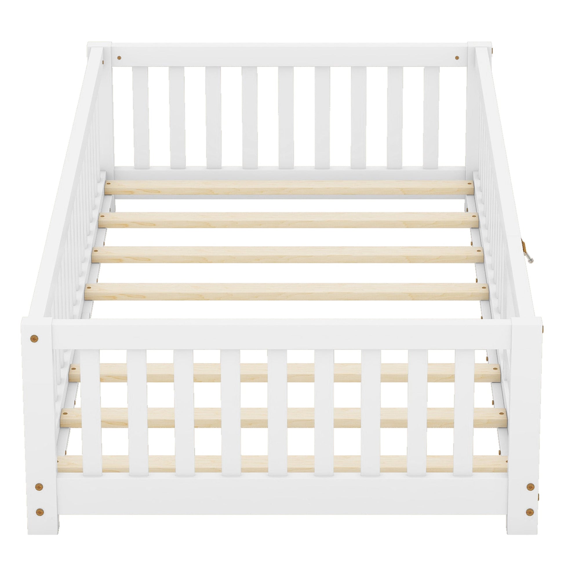 Twin Size Bed Floor Bed with Safety Guardrails and Door for Kids, White - Korvel