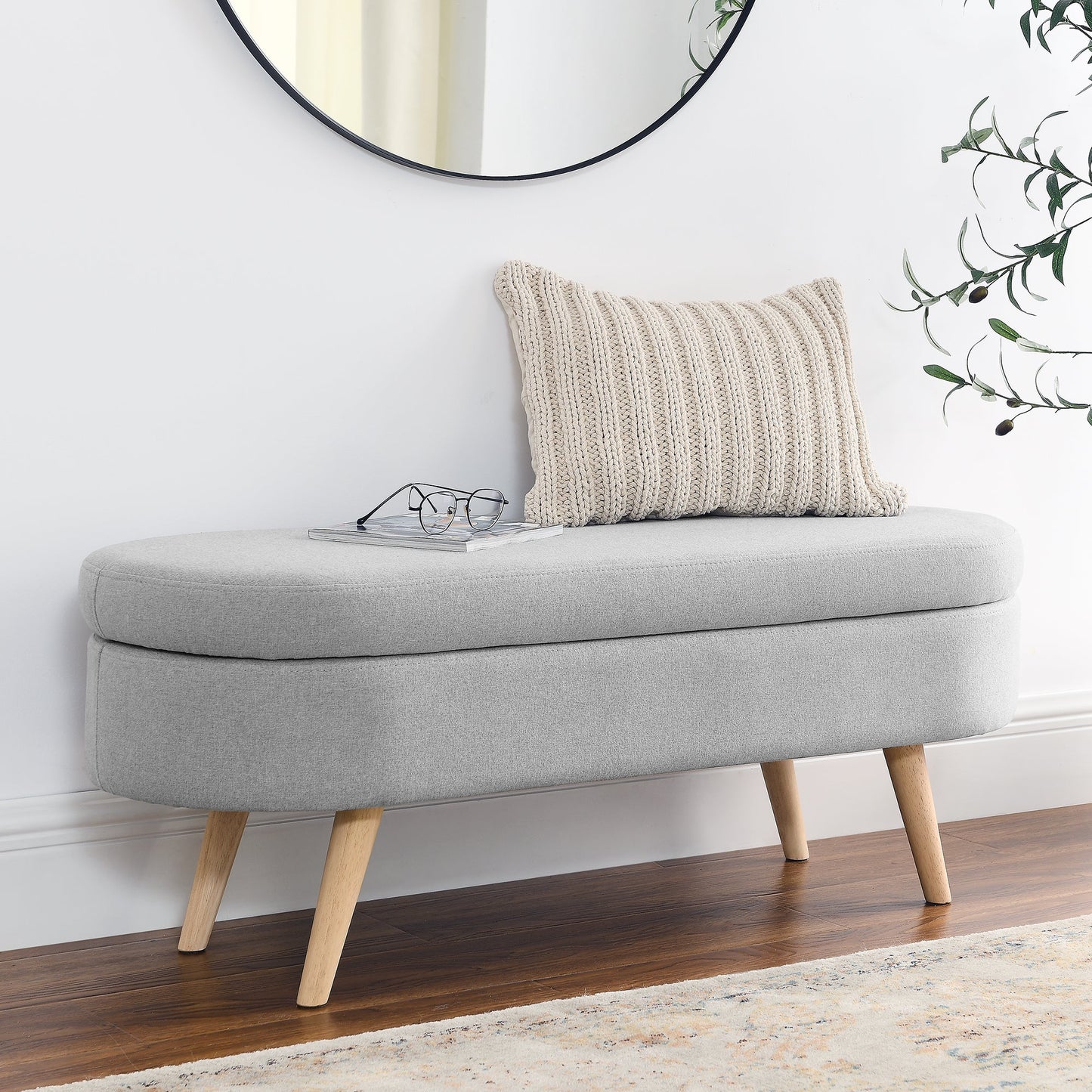 Ottoman Oval Storage Bench Rubber Wood Legs Grey(43.5"x16"x16") - Korvel