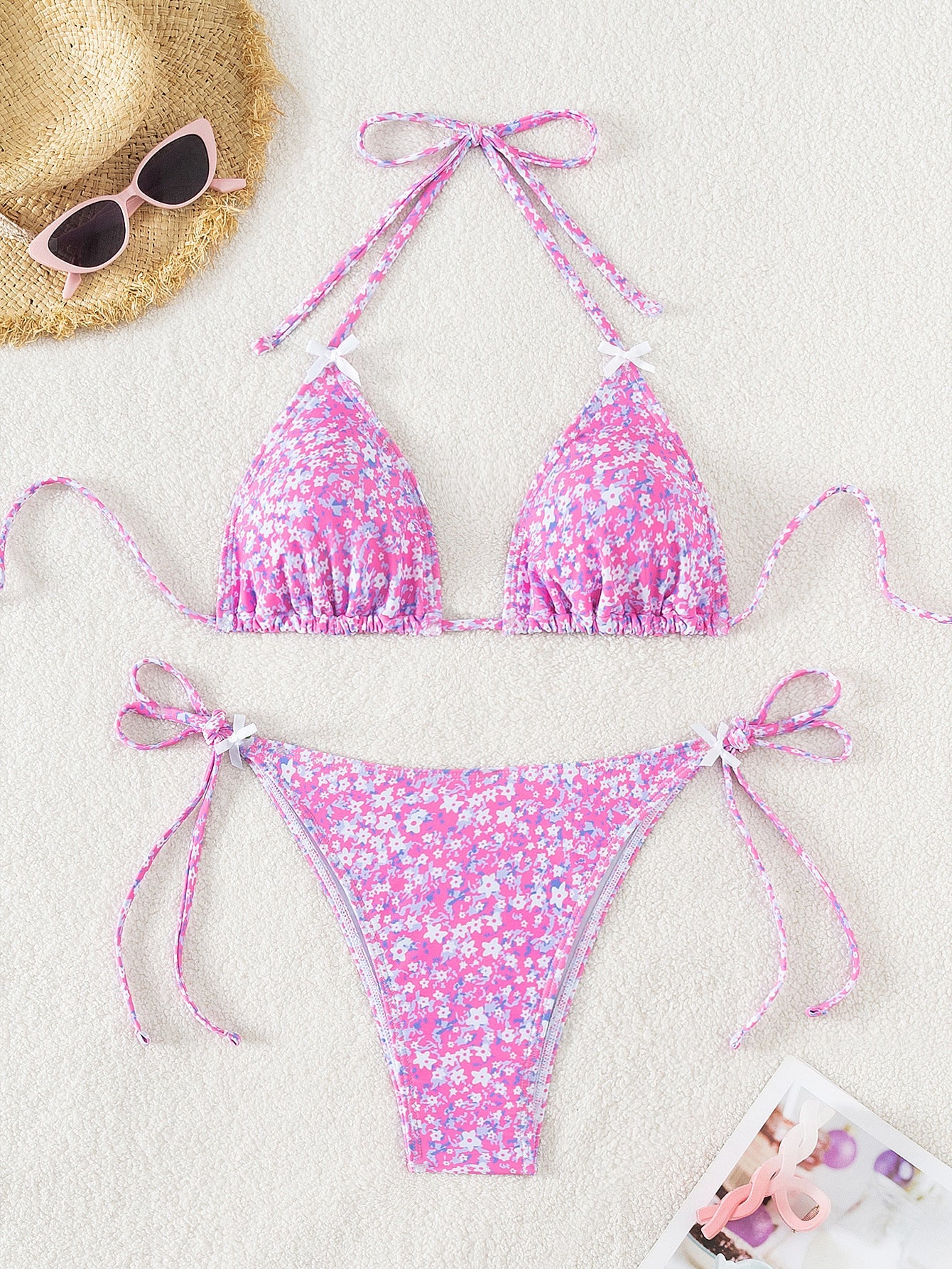 Floral triangle cup lace up sexy bikini split swimsuit for women - Korvel