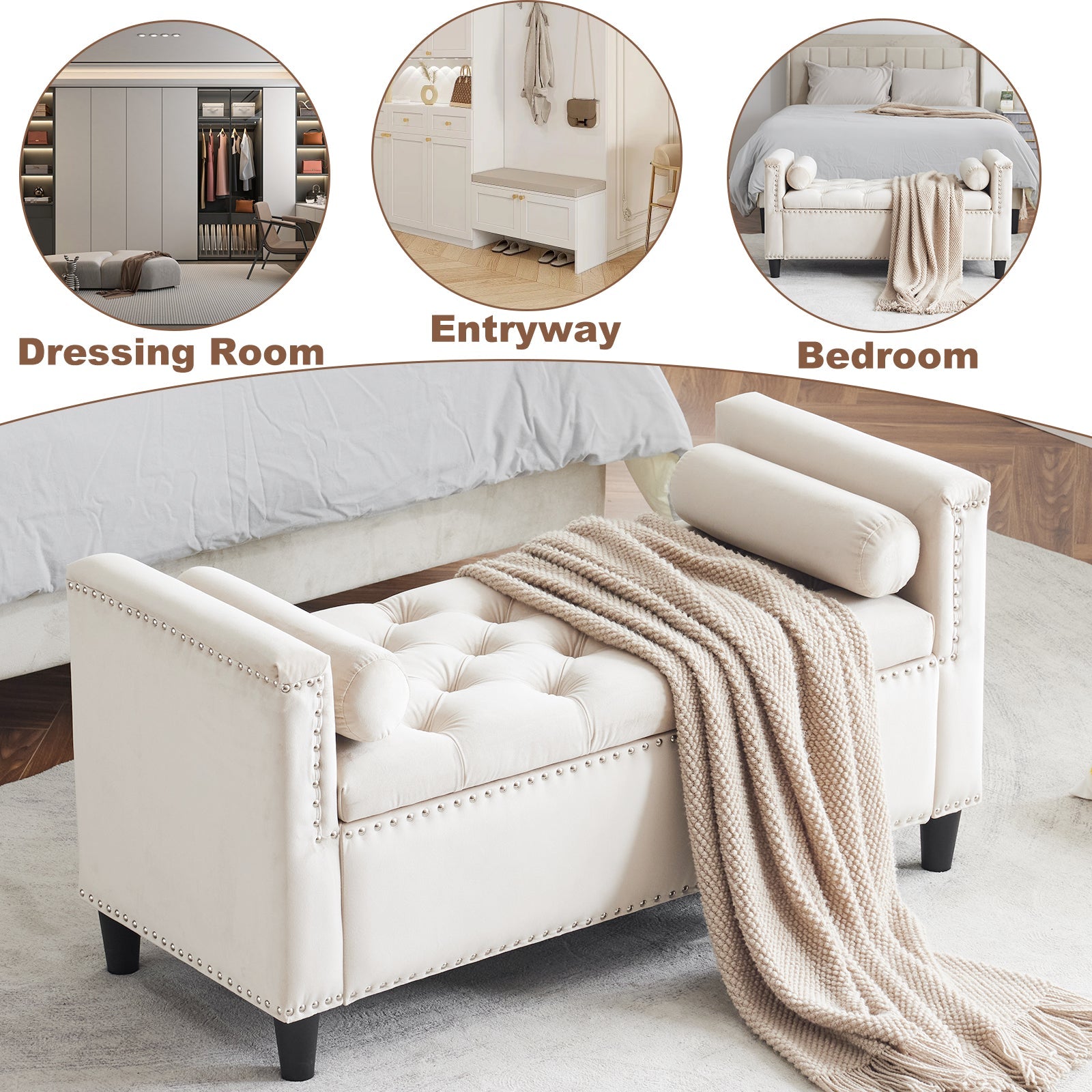 Storage Bench, 44.5-Inch Queen Velvet Button Bedside Bench, Entryway Living Room with Armrests, Nailhead Trim Cream White - Korvel