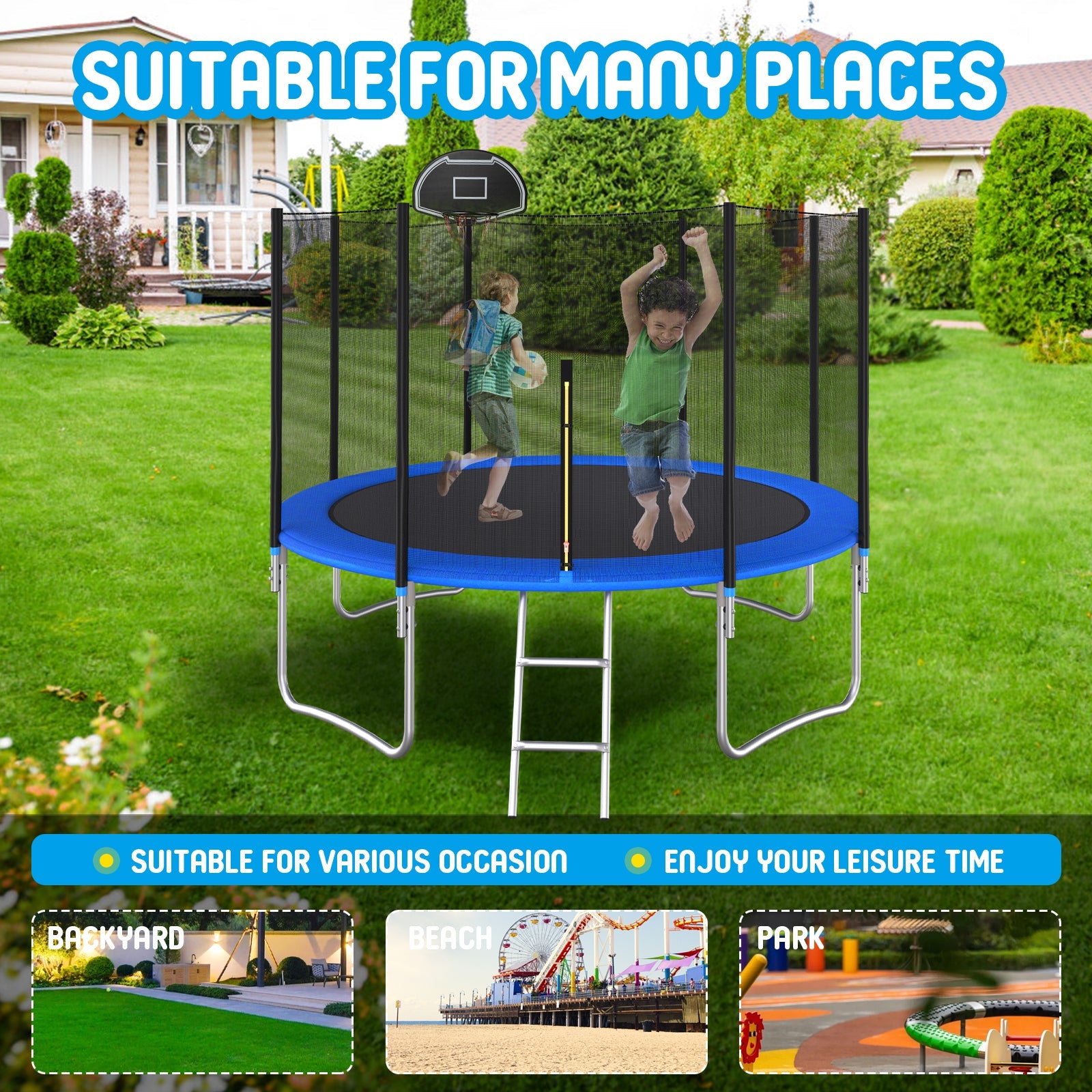 14 FT TRAMPOLINE OUTSIDE SAFETY NET WITH BASKETBALL HOOP - Korvel