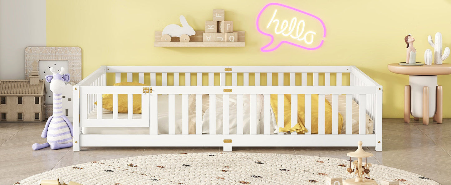 Queen Size Bed Floor Bed with Safety Guardrails and Door for Kids, White - Korvel