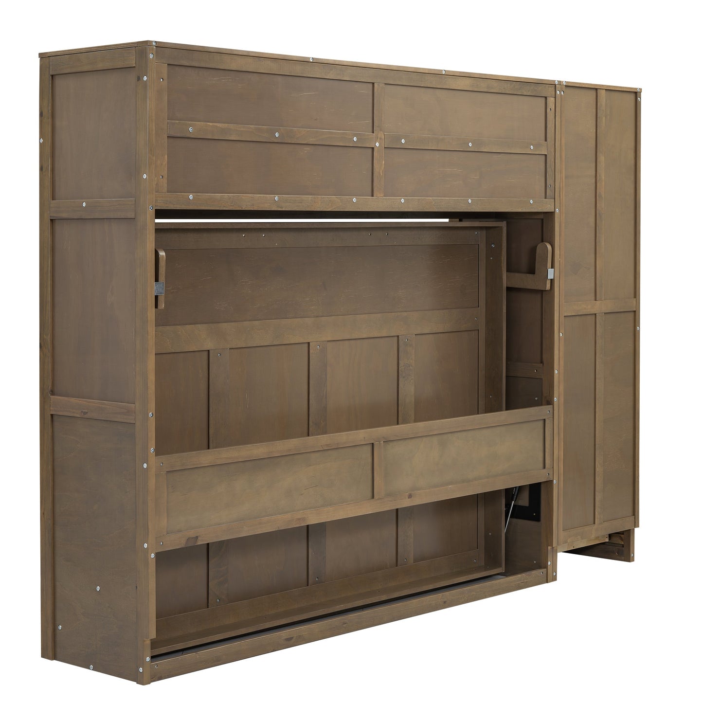 Full Size Murphy Bed with Wardrobe, Drawers and Open Shelves, Antique Grey - Korvel