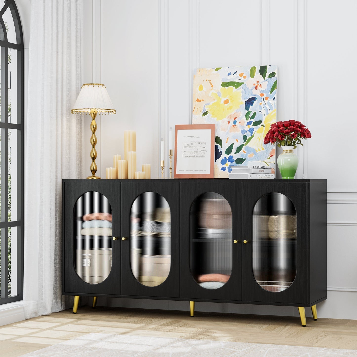 Modern Accent Sideboard Cabinet with Acrylic Doors, Freestanding Storage Cupboard Console Table for Kitchen Dining Black - Korvel
