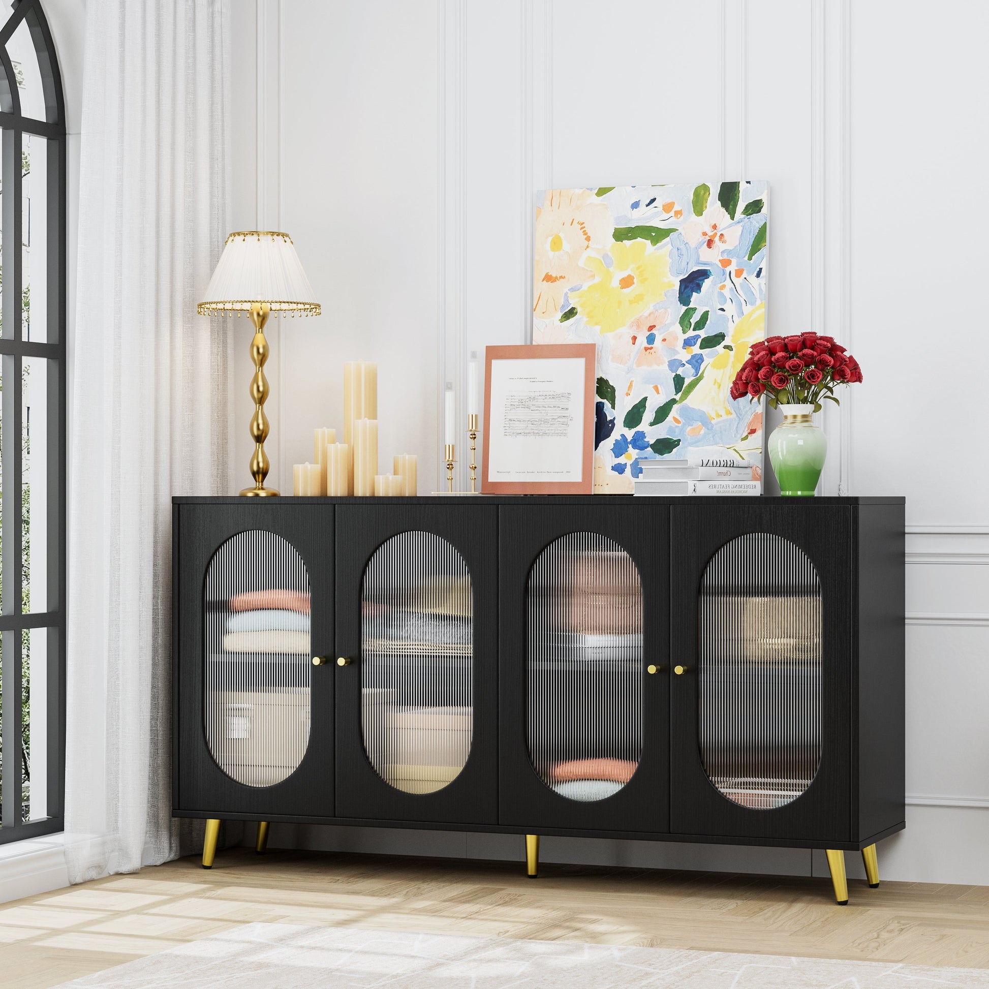 Modern Accent Sideboard Cabinet with Acrylic Doors, Freestanding Storage Cupboard Console Table for Kitchen Dining Black - Korvel