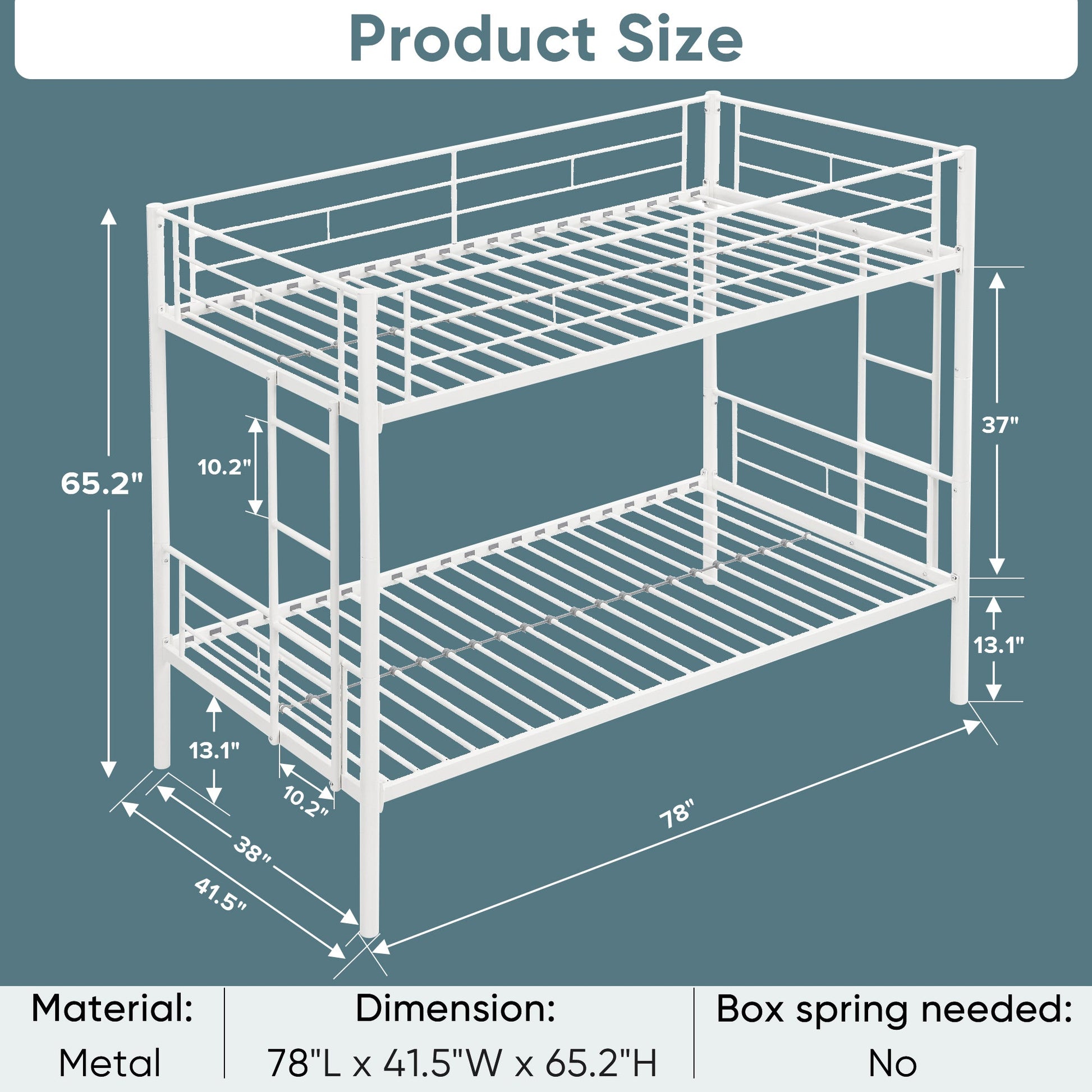 Twin metal bunk beds, metal structure bed frame with safety guardrails and 2 ladders, convertible bunk beds, white - Korvel