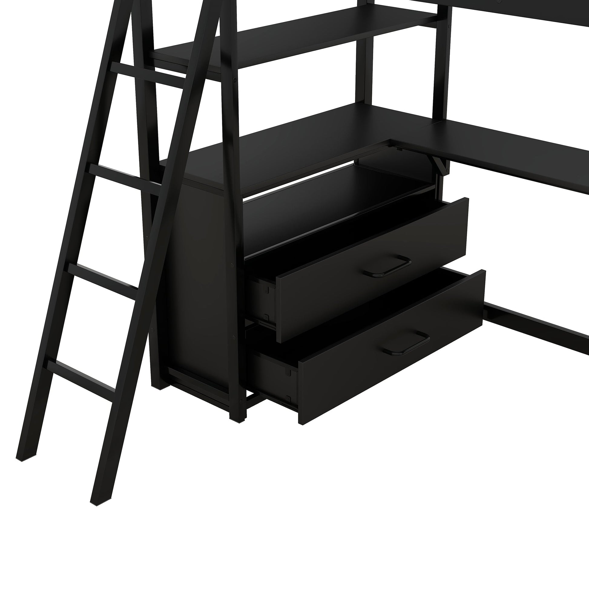 Twin Size Metal&Wood Loft Bed with Desk and Shelves, Two Built-in Drawers, Black - Korvel