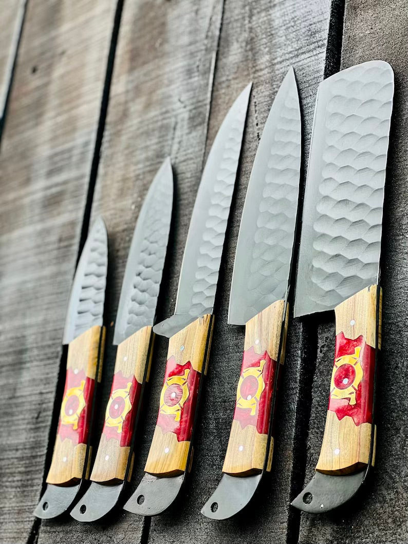 Premium Olivewood & Epoxy Stainless Steel Knife Set – 13" Forged Blades with Leather Sheath - Korvel