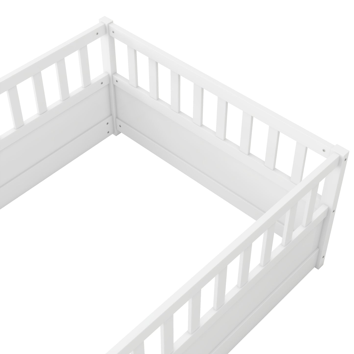 Double bed floor standing bed with ultra-high safety barrier, children's floor standing bed frame, Montessori wooden white - Korvel