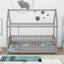 Twin Size Floor Wooden Bed with House Roof Frame Fence Guardrails Grey - Korvel