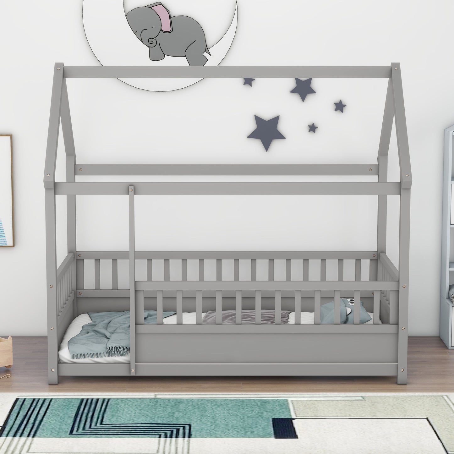 Twin Size Floor Wooden Bed with House Roof Frame Fence Guardrails Grey - Korvel