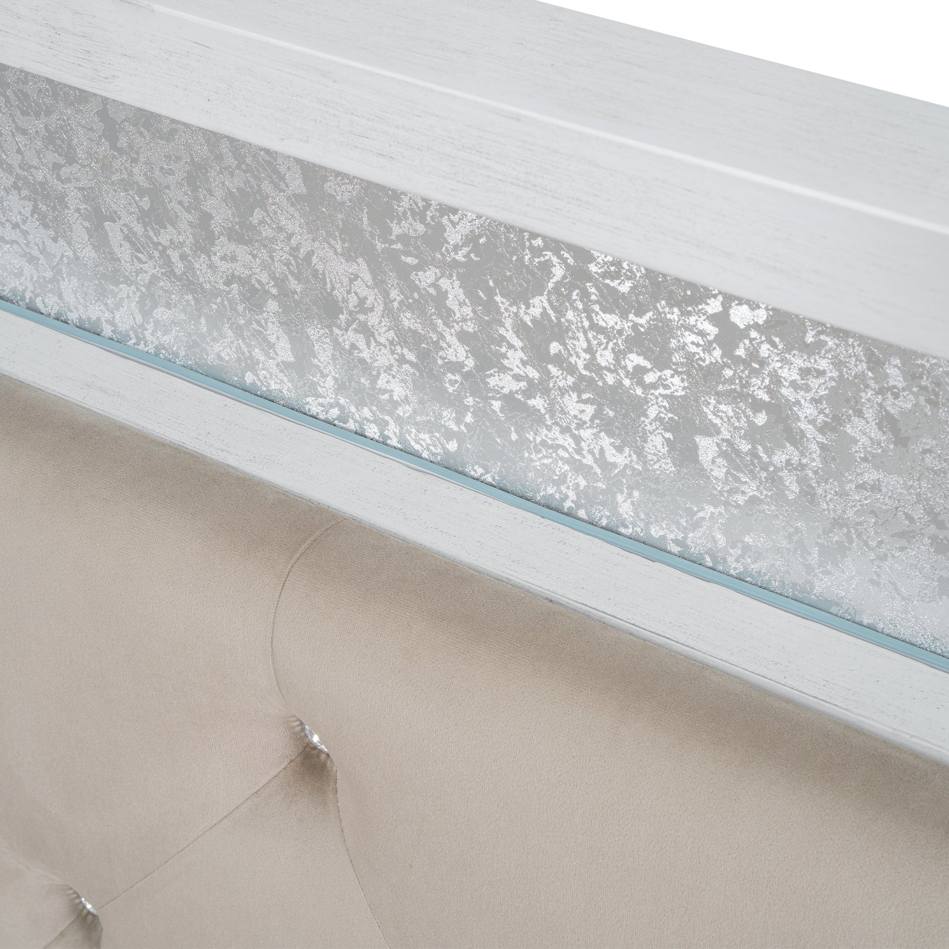 Wood Full Size Platform Bed with Upholstered Headboard and LED and 2 Drawers, Antique White - Korvel