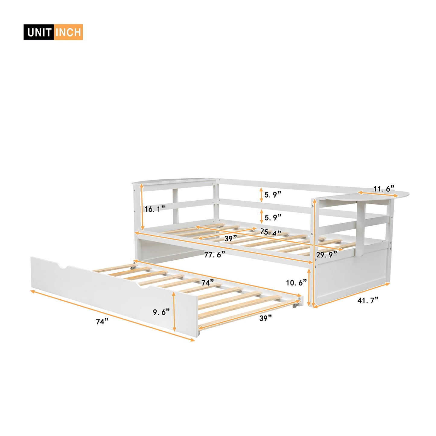 win Size Daybed with Trundle and Foldable Shelves on Both Sides White - Korvel