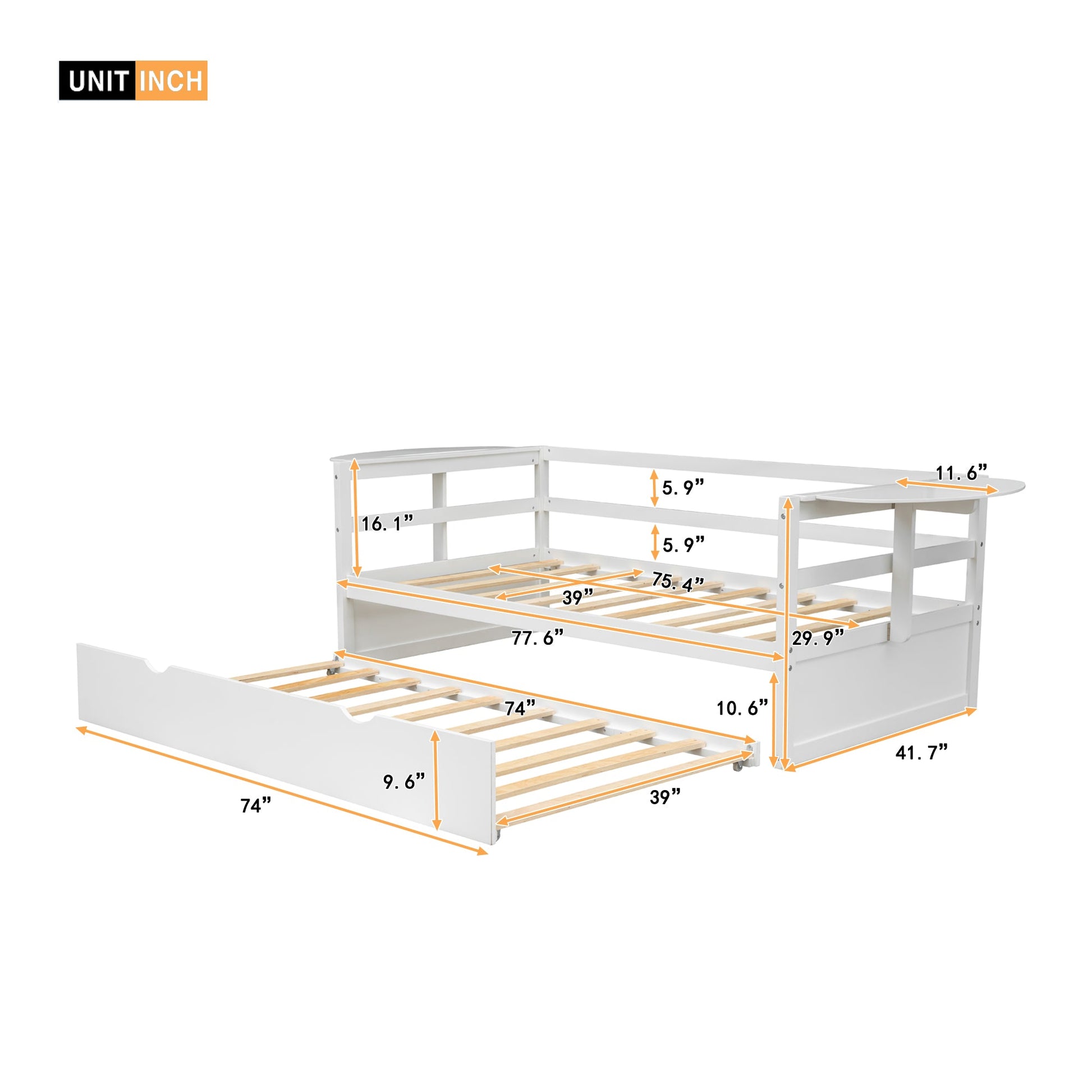 win Size Daybed with Trundle and Foldable Shelves on Both Sides White - Korvel