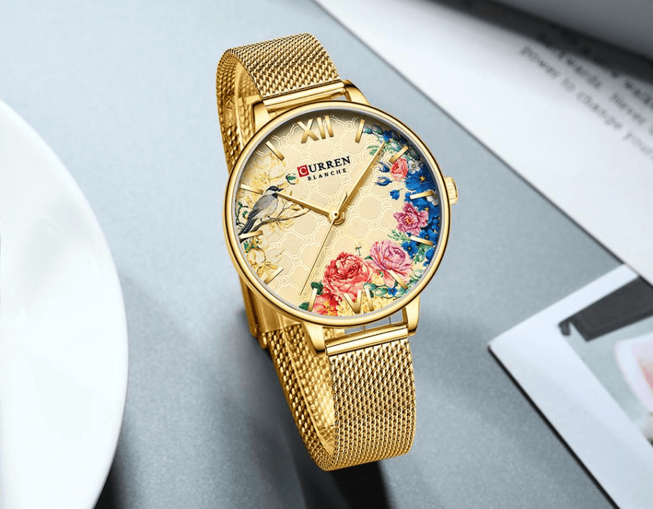 Montre Élégante pour Femme avec Motifs de Découpage Floral