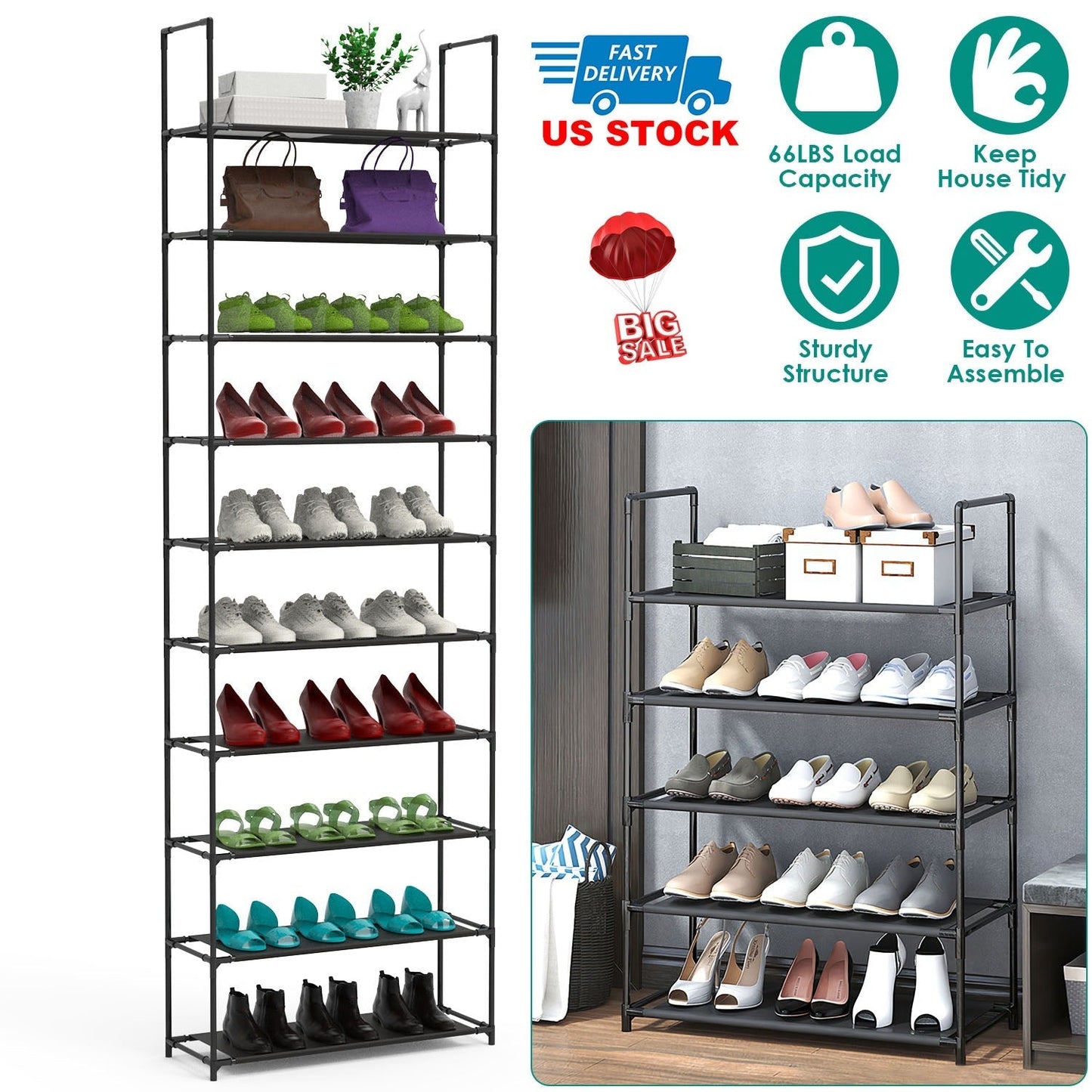 10-Tier Space-Saving Shoe Rack for 25-30 Pairs