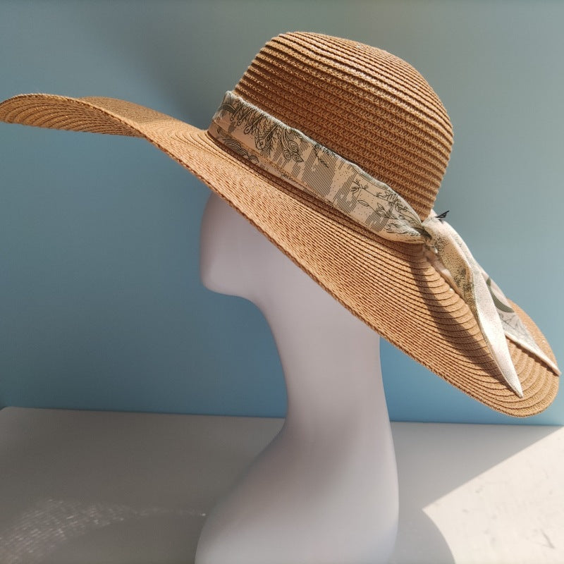 Brim Full Cover Face Hat with Elegant Ribbon Decoration