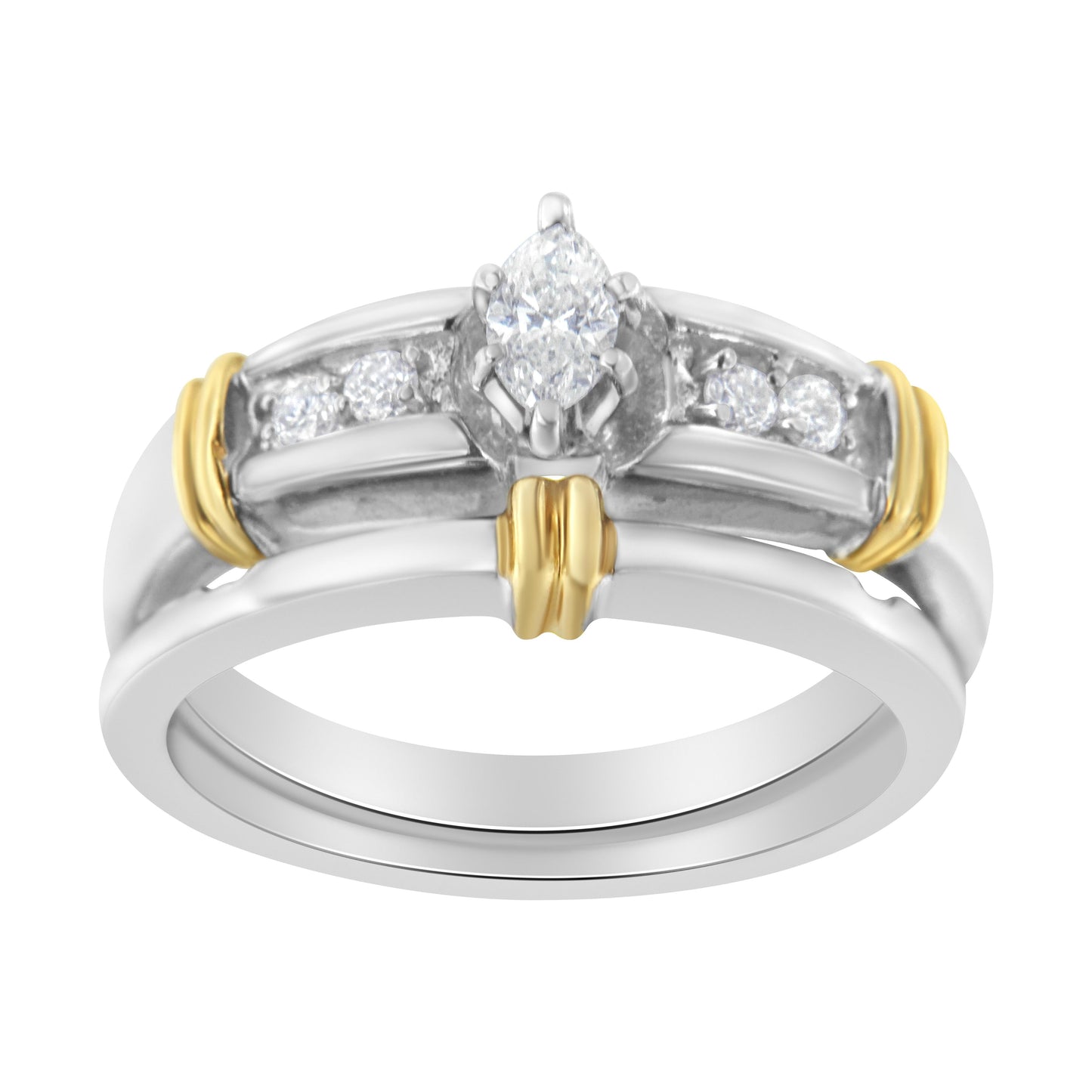 Conjunto de Anillo de Compromiso de Diamante Marquise en Oro Amarillo y Blanco de 14K - Talla 7