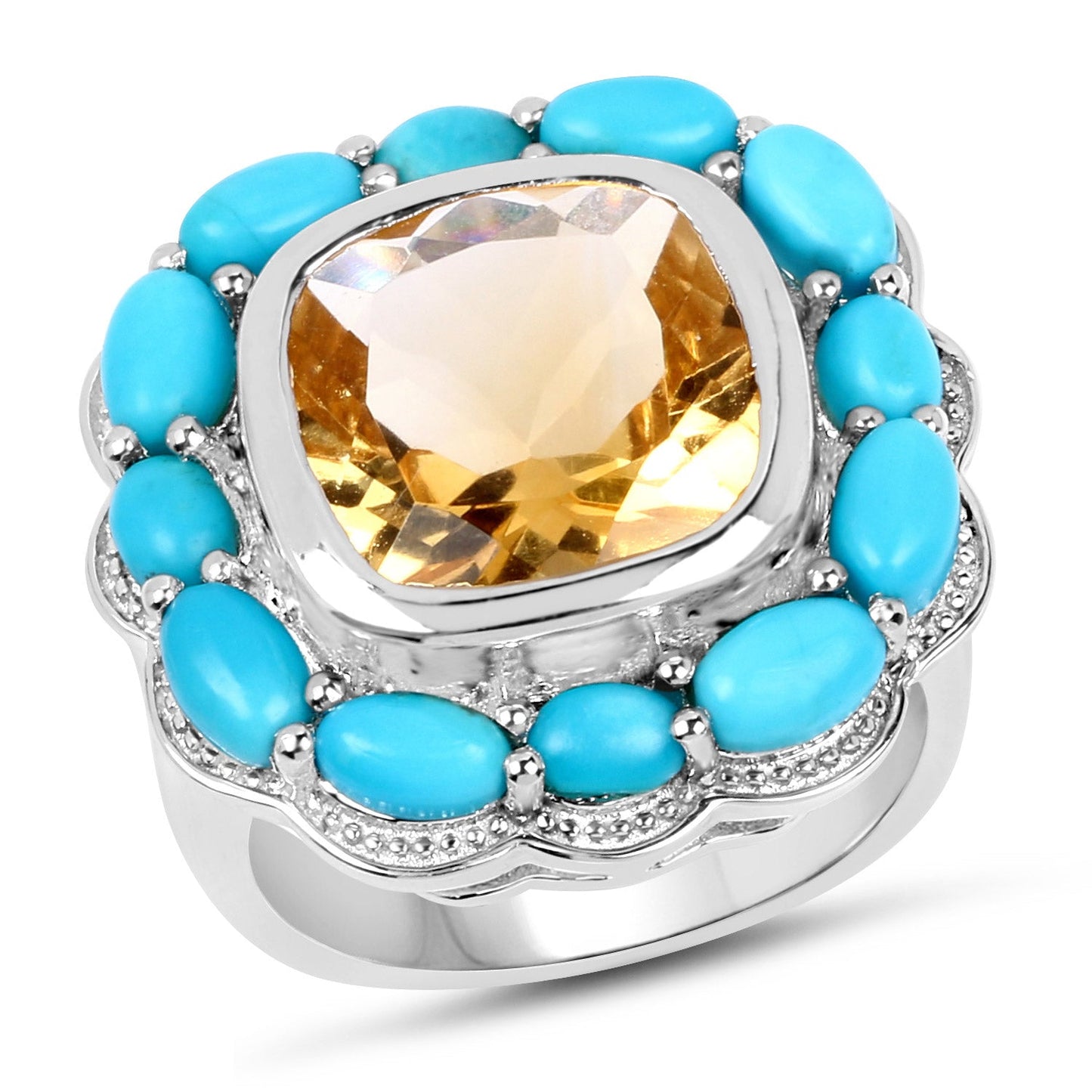 9.26 Carat Genuine Citrine and Turquoise Sterling Silver Ring