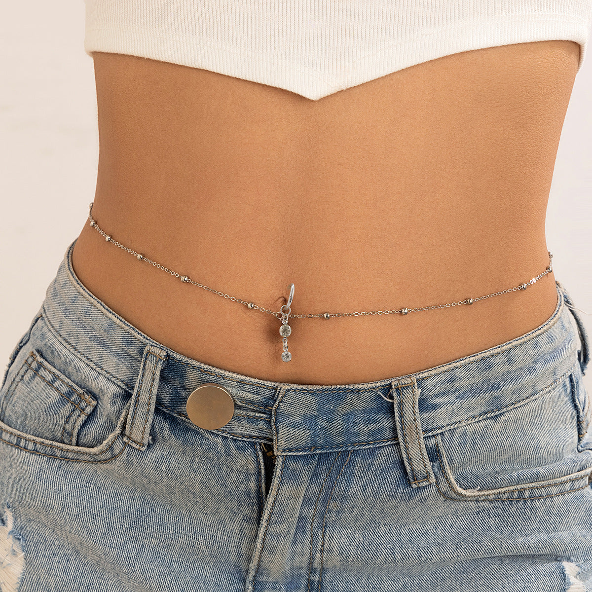 Sexy rhinestone puncture navel nail waist chain, sweet and cool summer body chain - Korvel