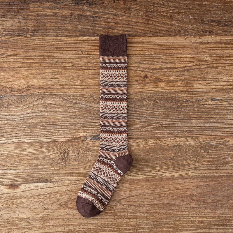 Socks Women's Middle and High Tube Calf and Knee Socks Ins Ethnic Style Net Red Style Harajuku Mori Striped Cotton Socks - Korvel