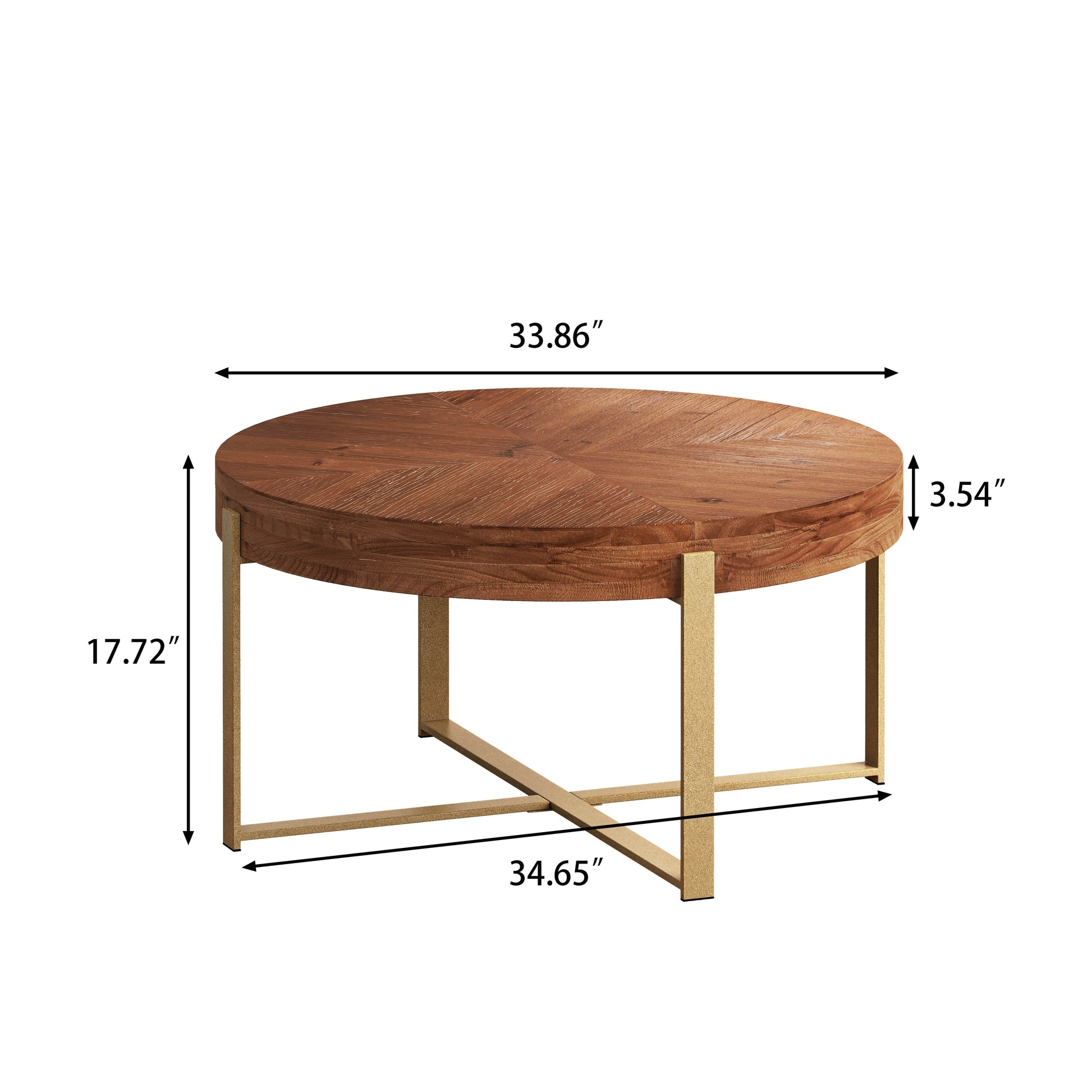 33.86"Modern Retro Splicing Round Coffee Table Fir Wood Table Top with Gold Cross Legs Base(Same SKU:W757126236) - Korvel