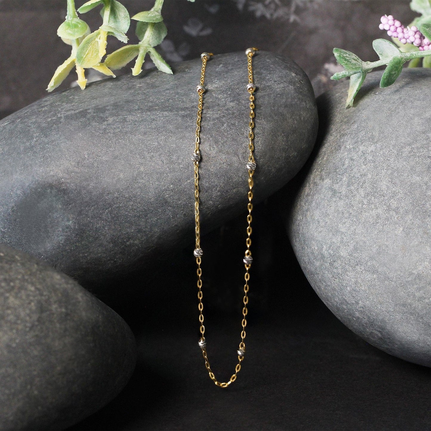14k Two Tone Gold Diamond Cut Bead Links Pendant Chain