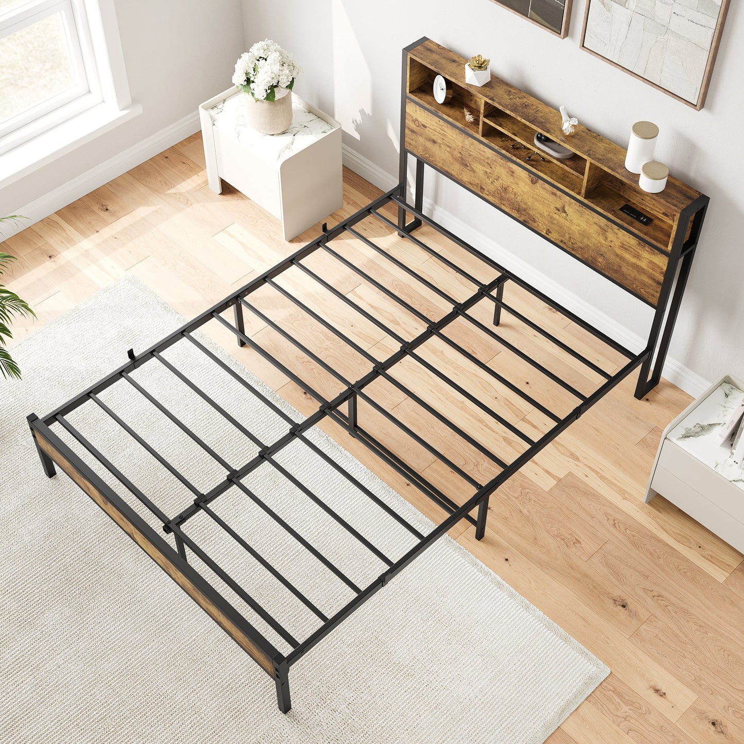 Full Size Bed Frame with Storage Headboard Metal Platform Bed with Charging Station Black - Korvel