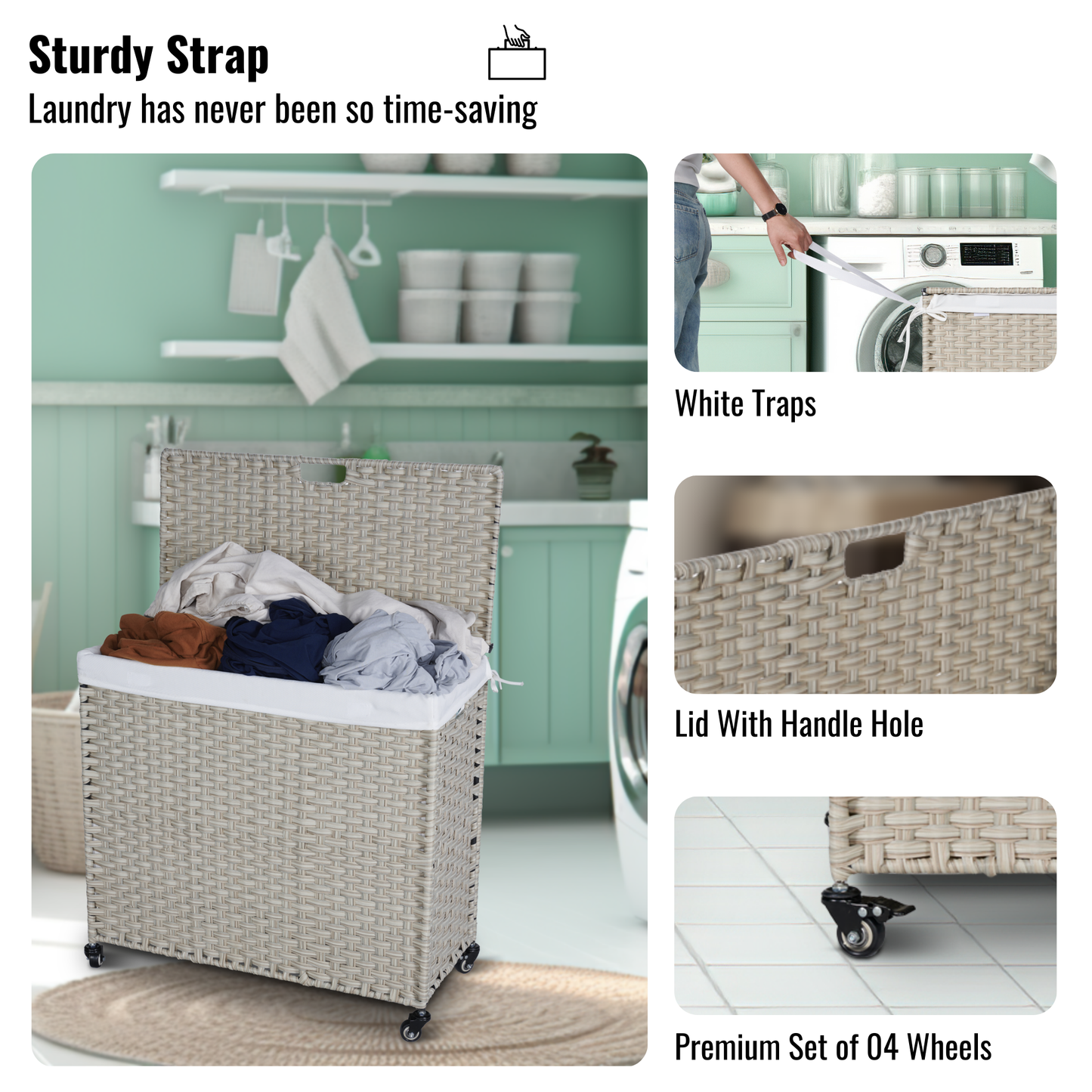 Premium Laundry Hamper with Lid and Wheels - 160L Grey