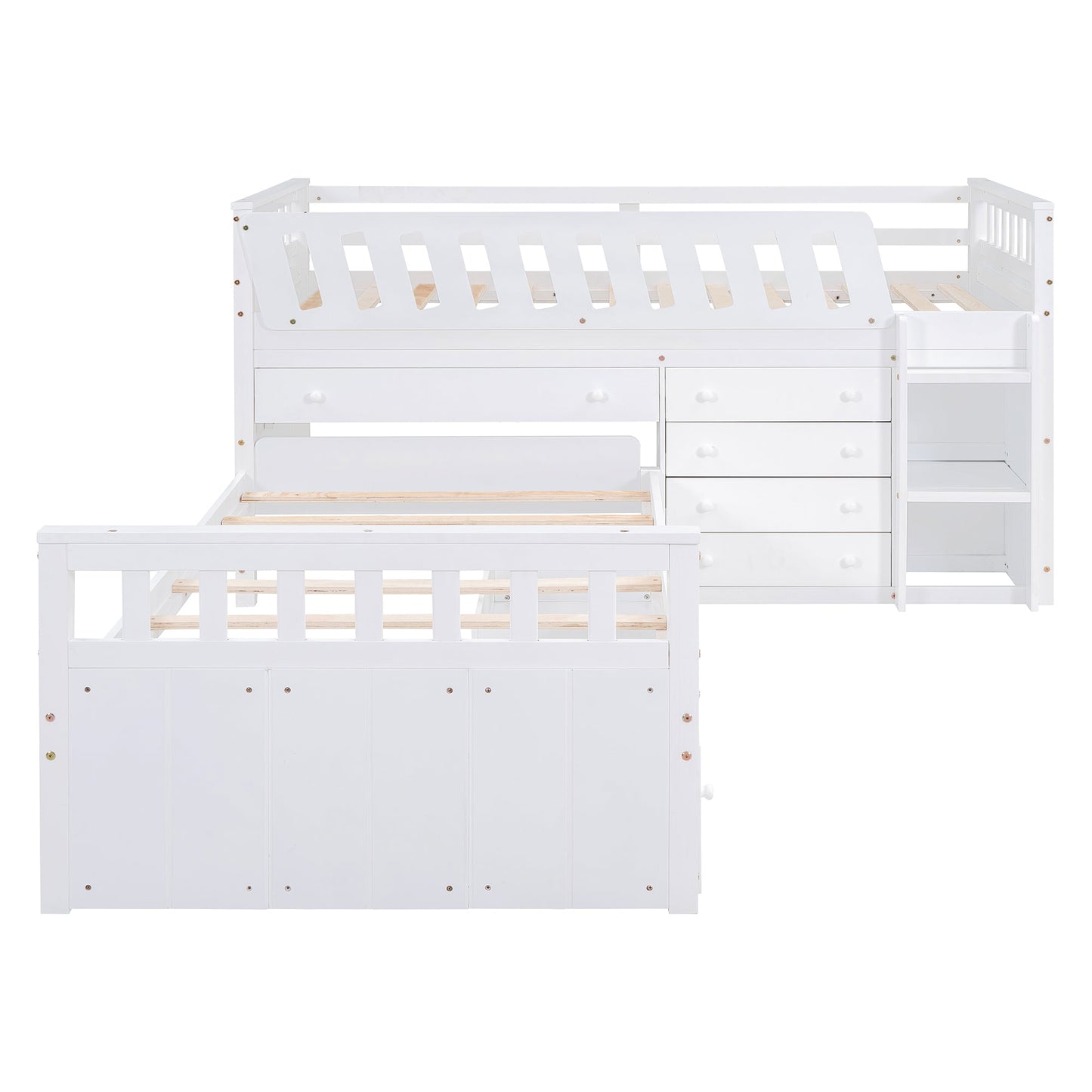 Cama loft twin en forma de L que ahorra espacio con 7 cajones - Blanca