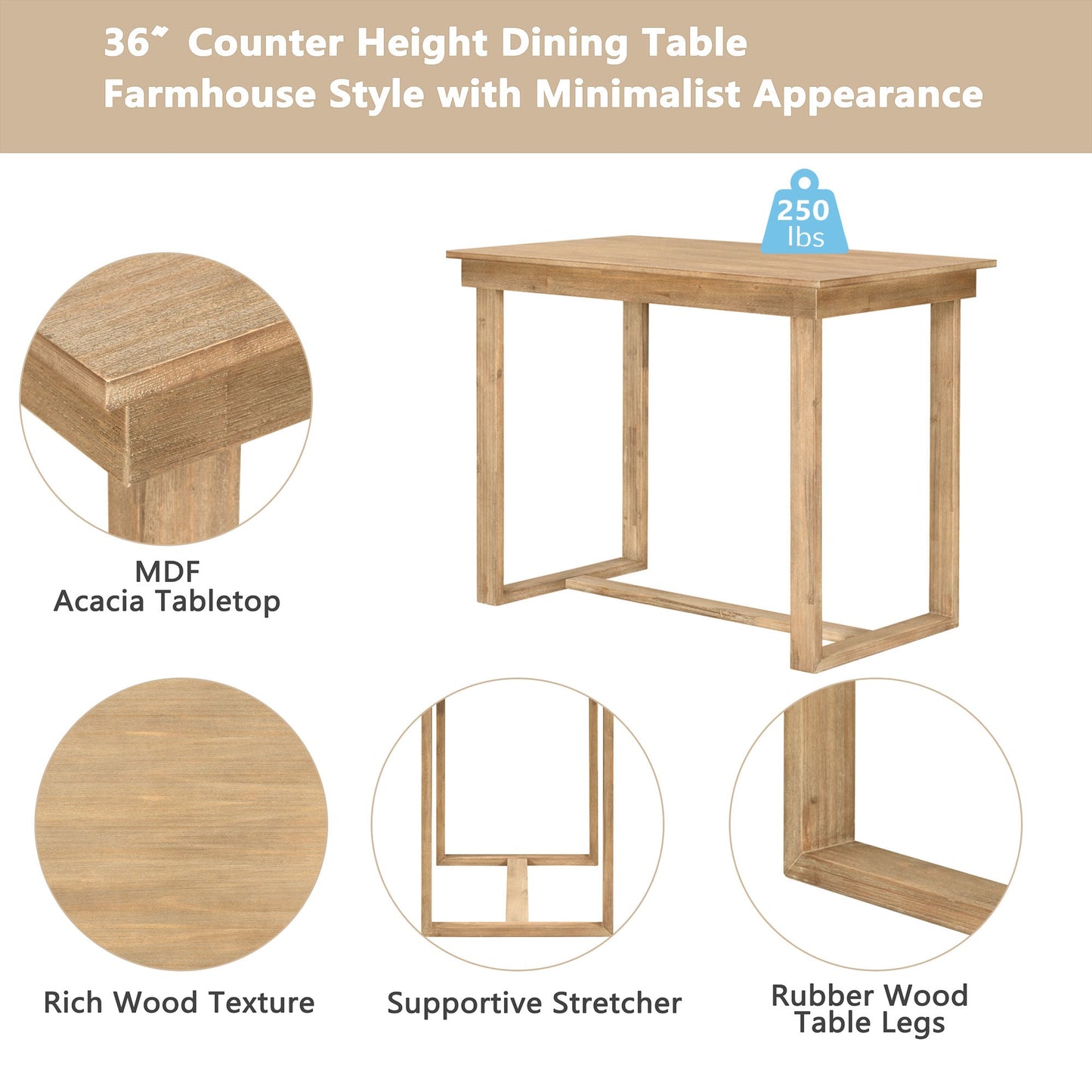 TOPMAX farmhouse countertop height 5-piece dining table set with 1 rectangular dining table and 4 brown dining chairs - Korvel