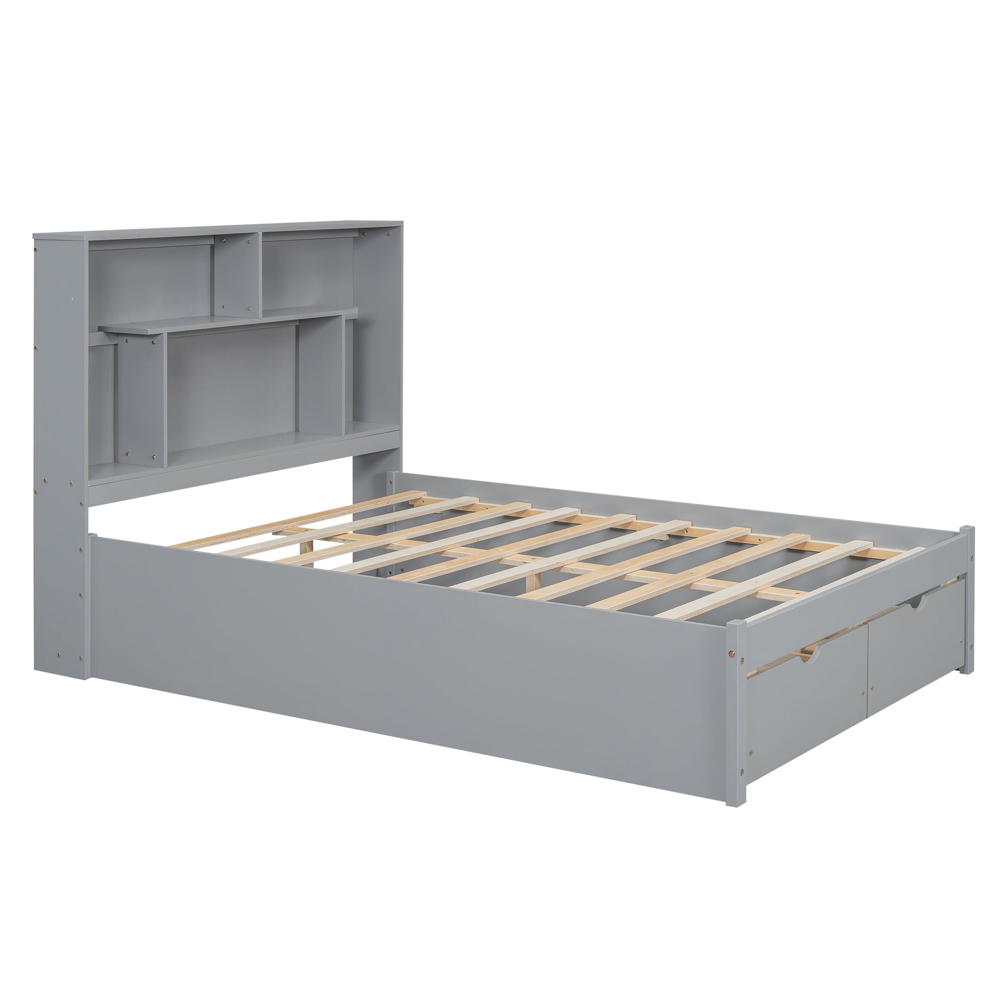 Full Size Platform Bed with Storage Headboard and 2 Drawers, Gray - Korvel