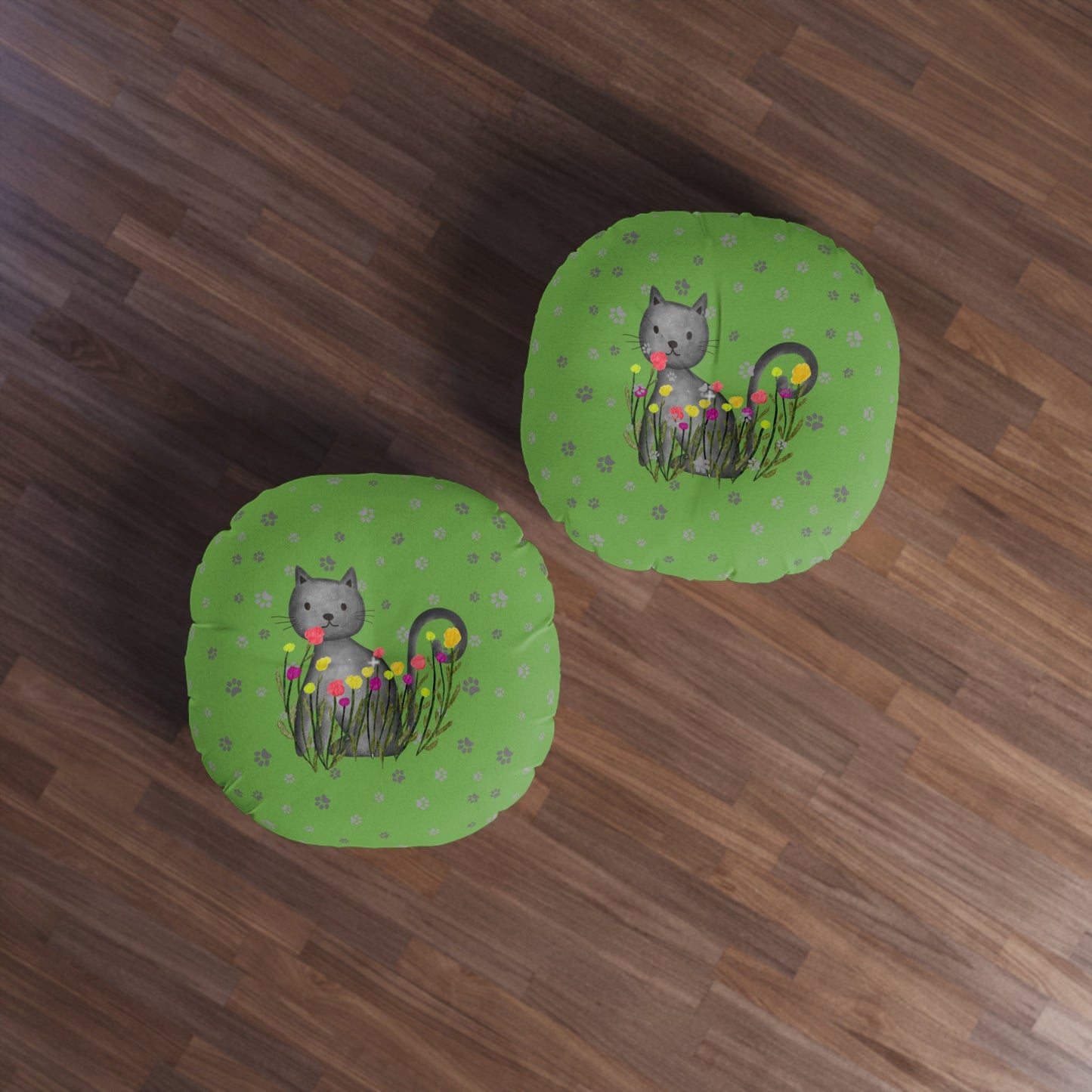 Curious Garden Cat Round Floor Pillow – Green Paw Print Accent Cushion