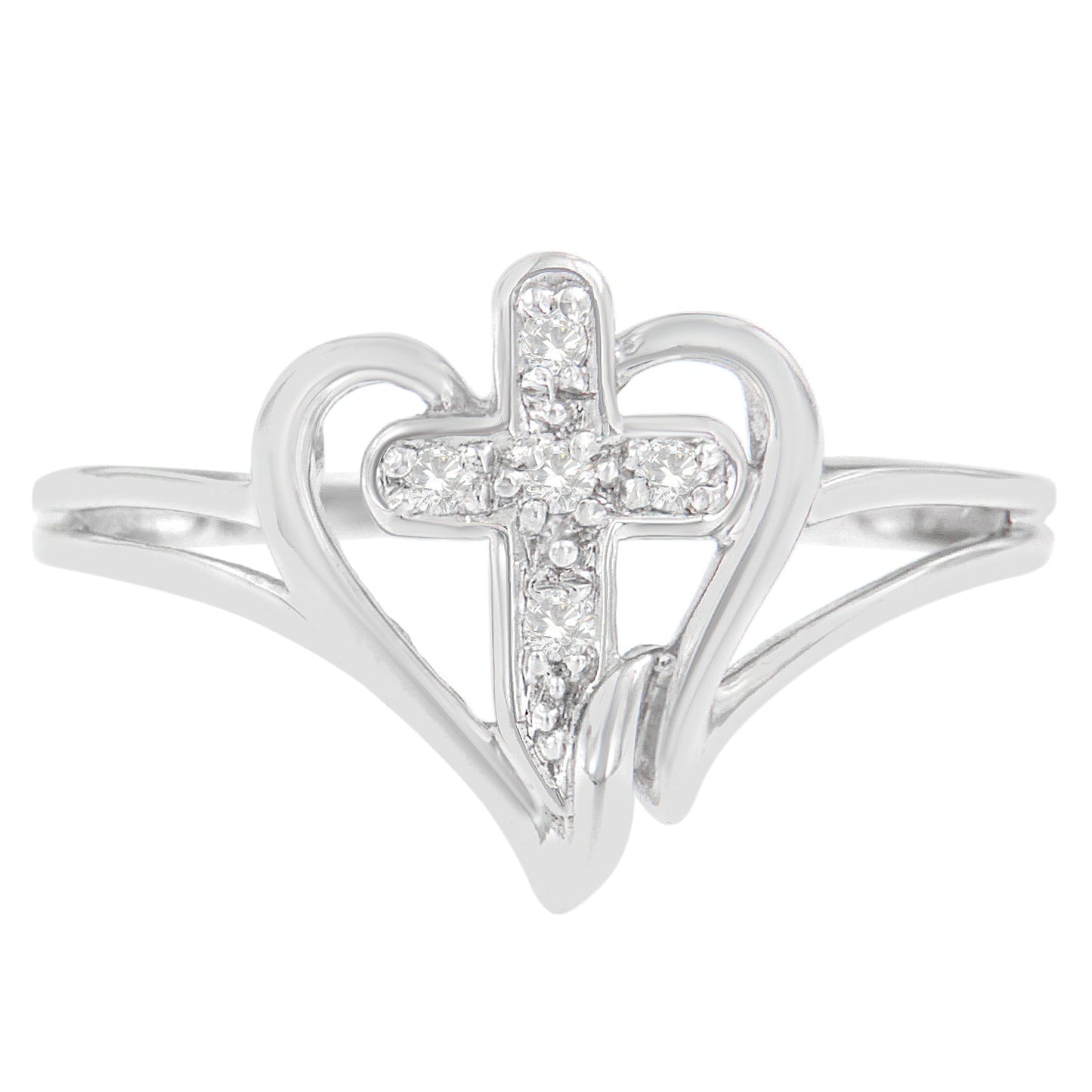 Anillo de Promesa con Cruz y Corazón Acentuado con Diamantes de Oro Blanco de 10K - Talla 7