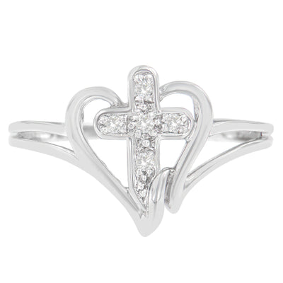 Bague de promesse en or blanc 10K avec accent de diamant en croix et cœur - Taille 7