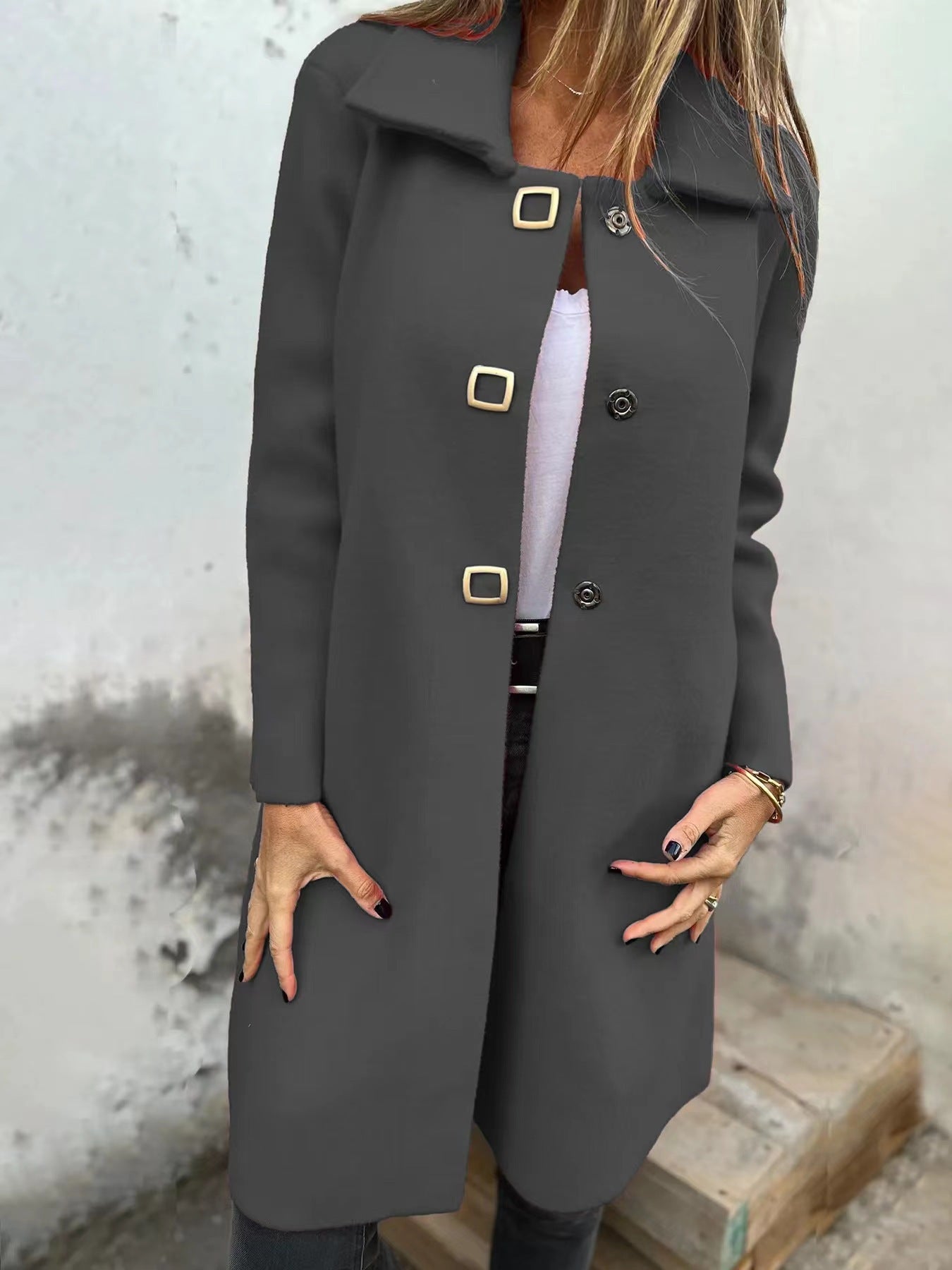 Abrigo de lana elegante para mujer de longitud media con diseño de botonadura simple