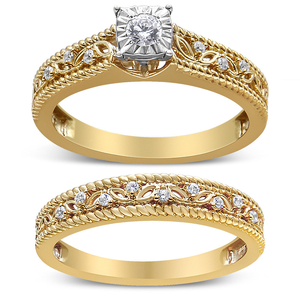 Anillo de Compromiso Art Deco de Plata Esterlina .925 Baño de Oro Amarillo de 14K