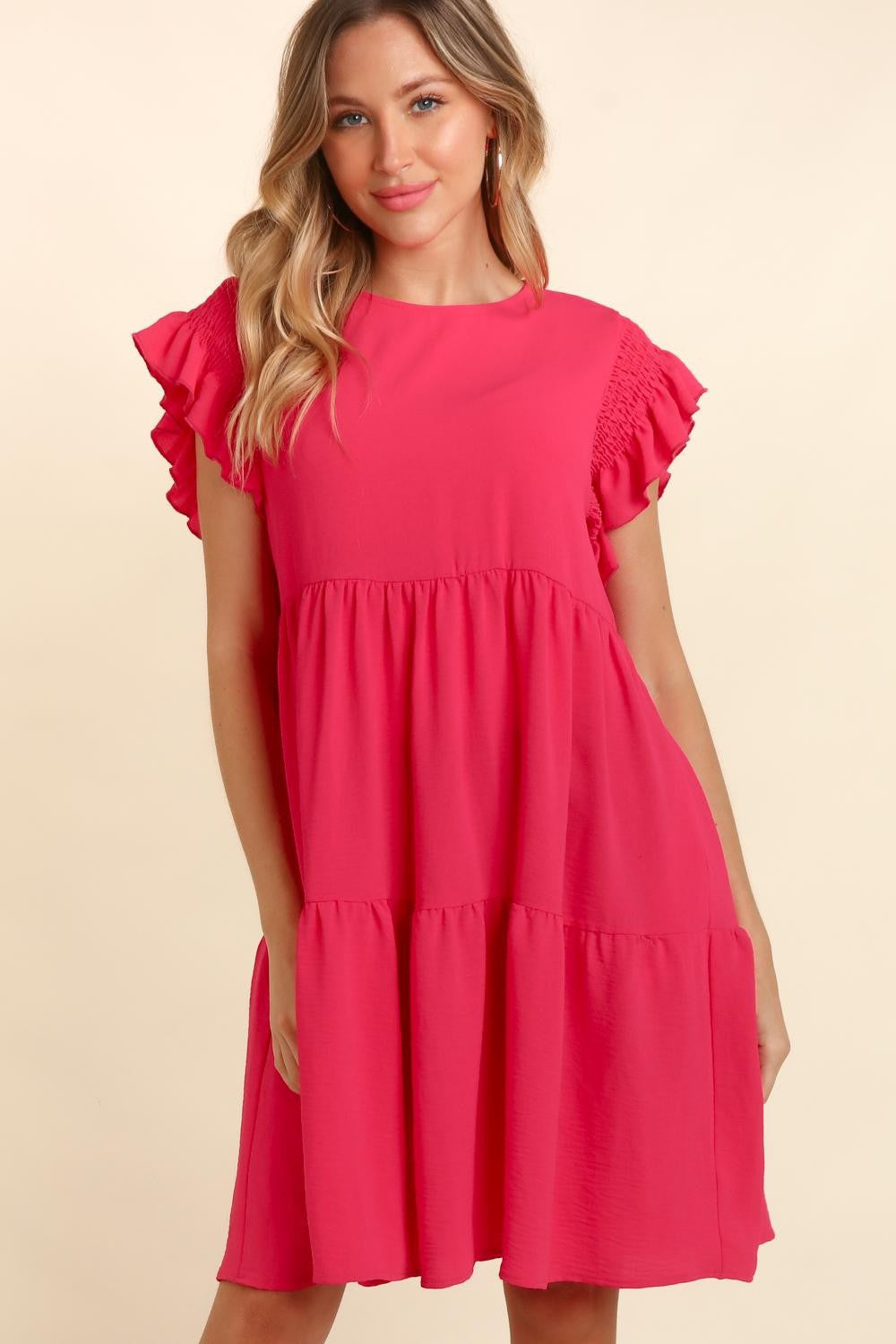 Elegant Full Size Smocking Ruffle Short Sleeve Dress with Pockets
