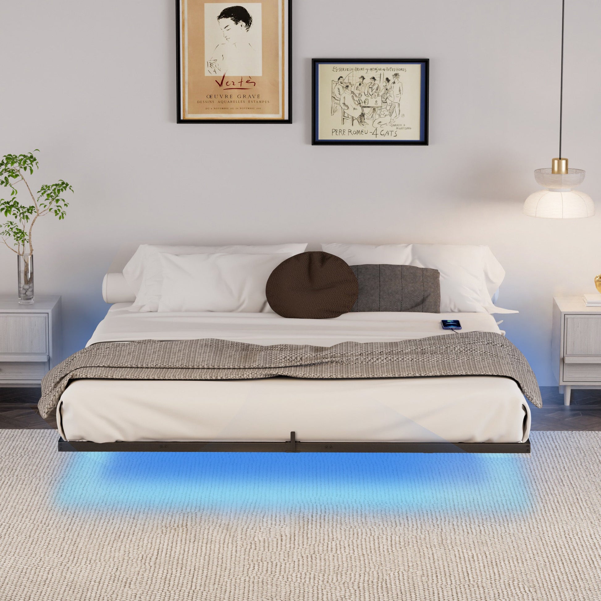 Floating Bed Frame King Size with LED Lights ＆ charging station, Metal Platform Queen Bed, 79.9'' L x 76.2'' W x 7.9'' H. - Korvel