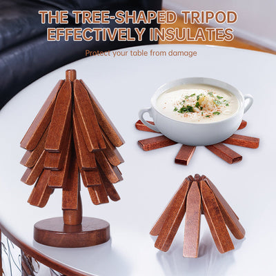 Tree-Shaped Wooden Trivet Set with Stand - 4 Pieces
