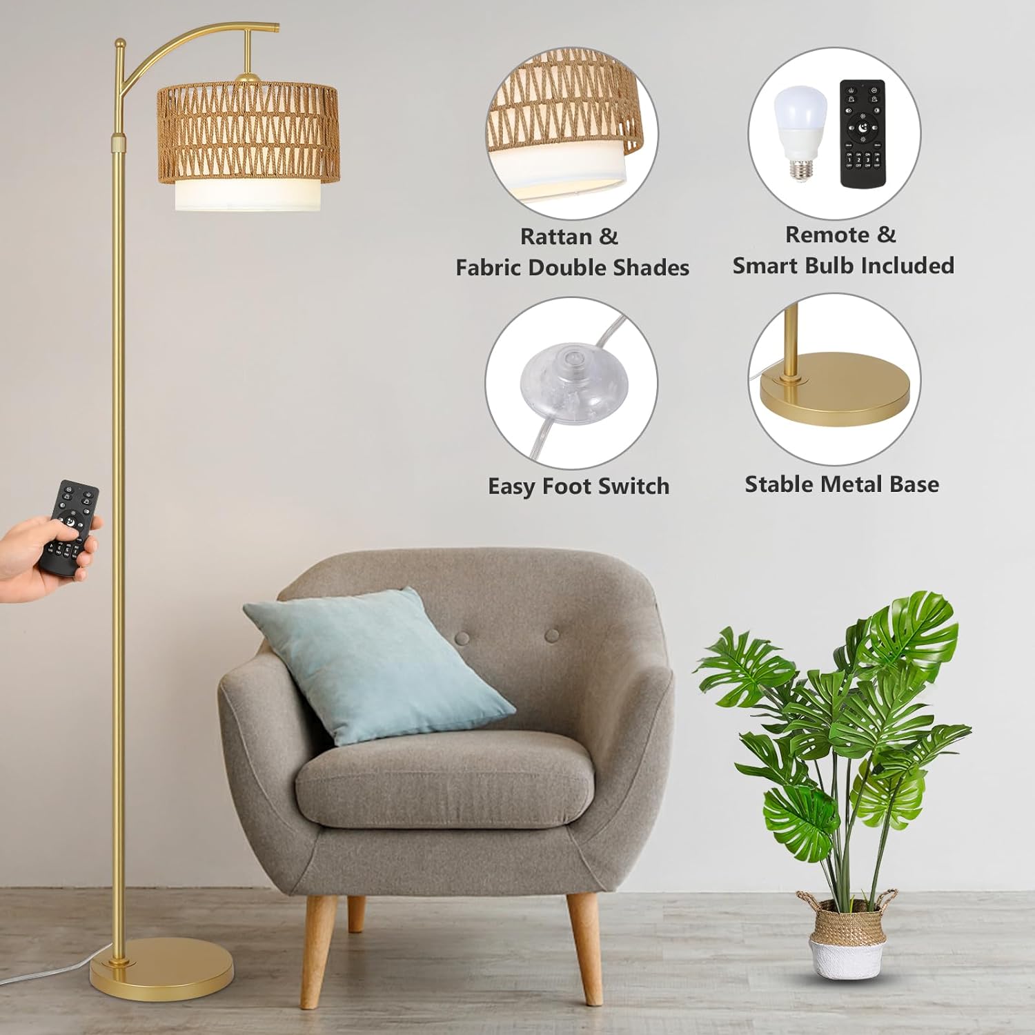 Gold Floor Lamps for Living Room with Remote & Dimmable LED Bulb, Modern Arc Floor Lamp with 3 Color Temperatures - Korvel