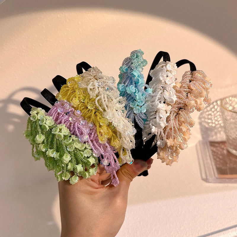 Handmade rice bead tassel flower side hair hoop for women - Korvel