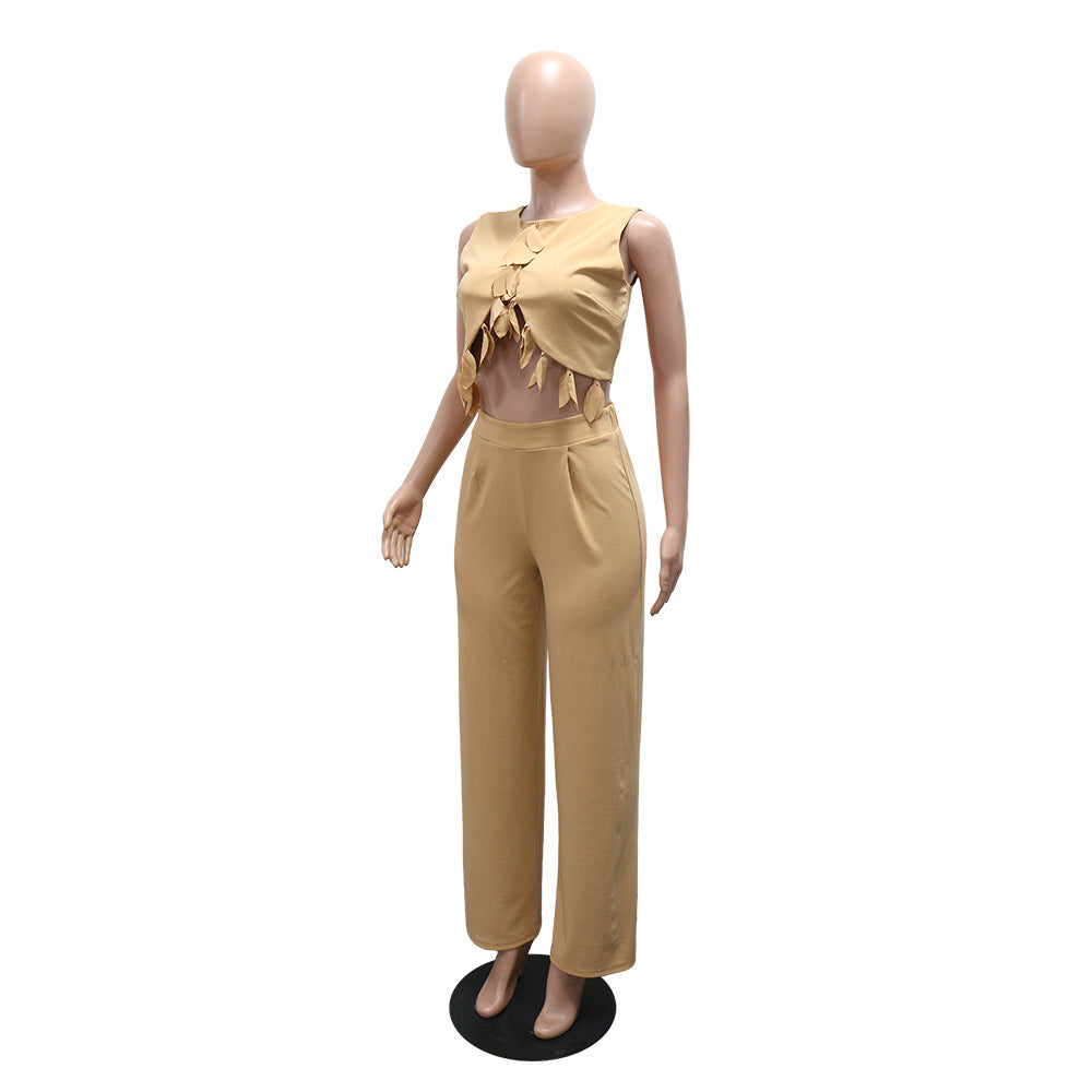 Round Neck Casual Sleeveless Sexy Top with Slim Long Pants Two-Piece Women's Set - Korvel