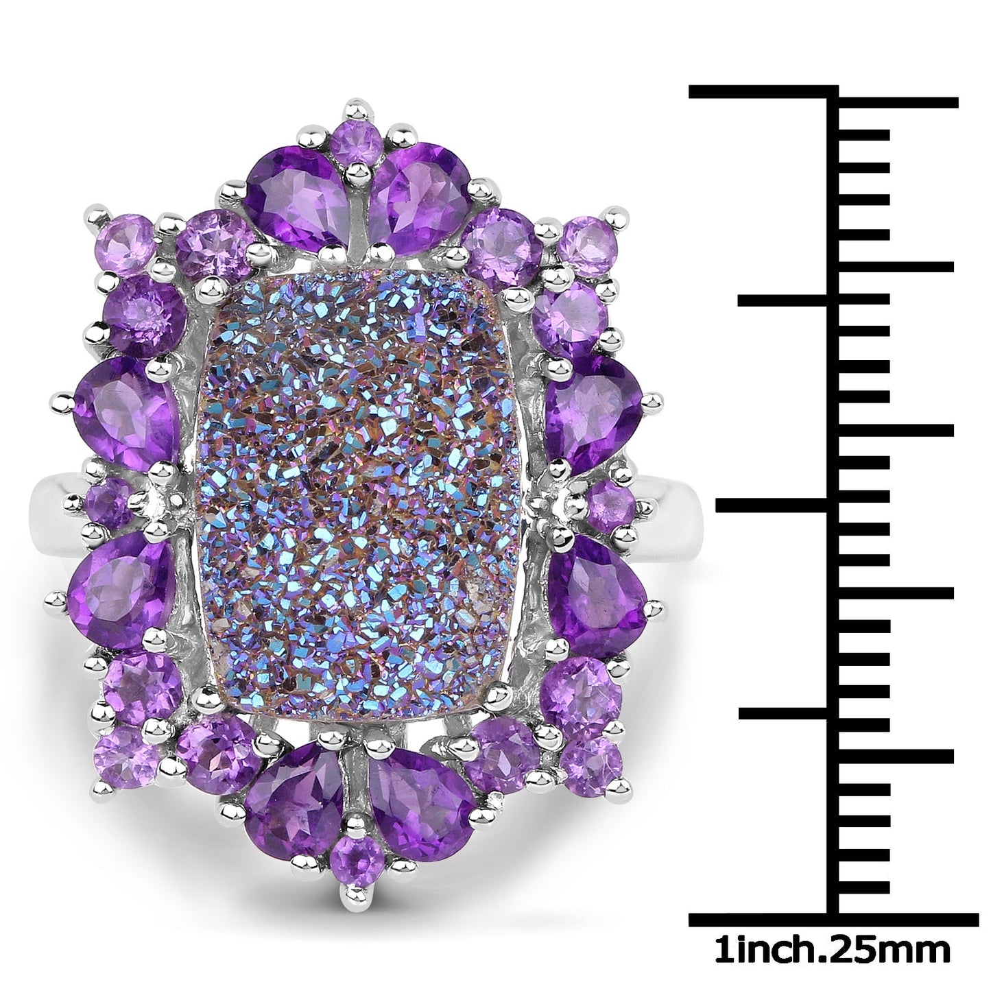 Bague en argent sterling avec quartz drusy et améthystes de 5,97 carats