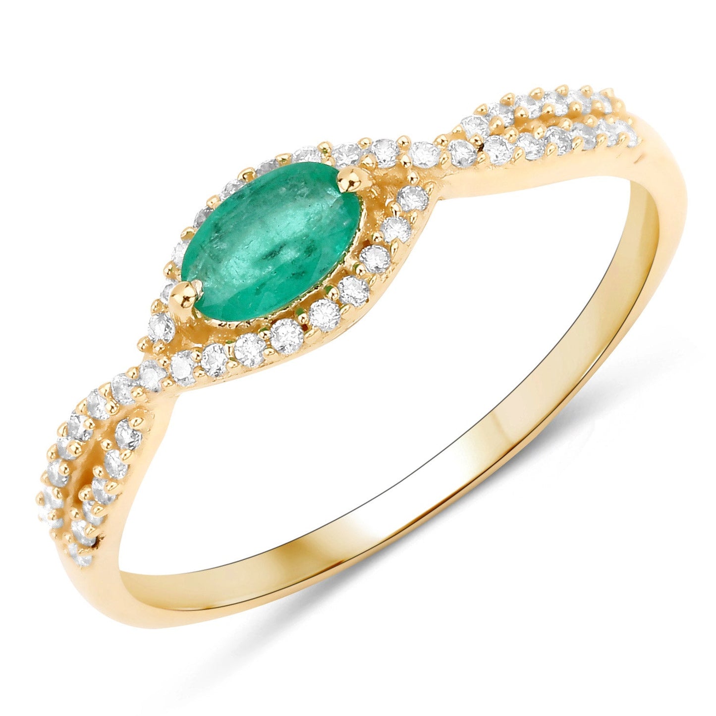 Bague de fiançailles en or jaune 14K avec émeraude zambienne de 0,32 carat et diamants